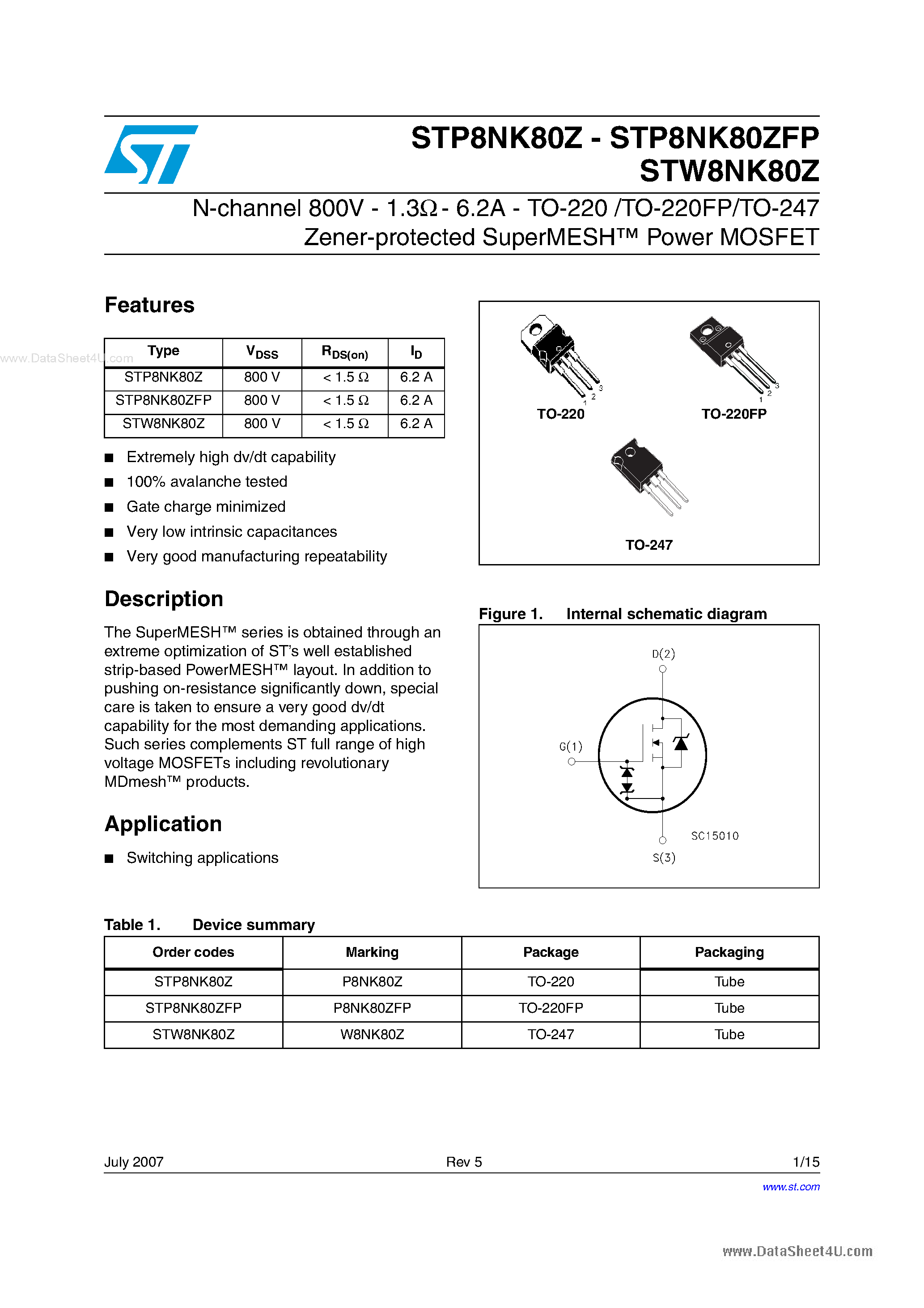 Datasheet STW8NK80Z page 1 Datasheet STW8NK80Z - N-CHANNEL ENHANCEMENT MODE POWER MOS TRANSISTORS page 1