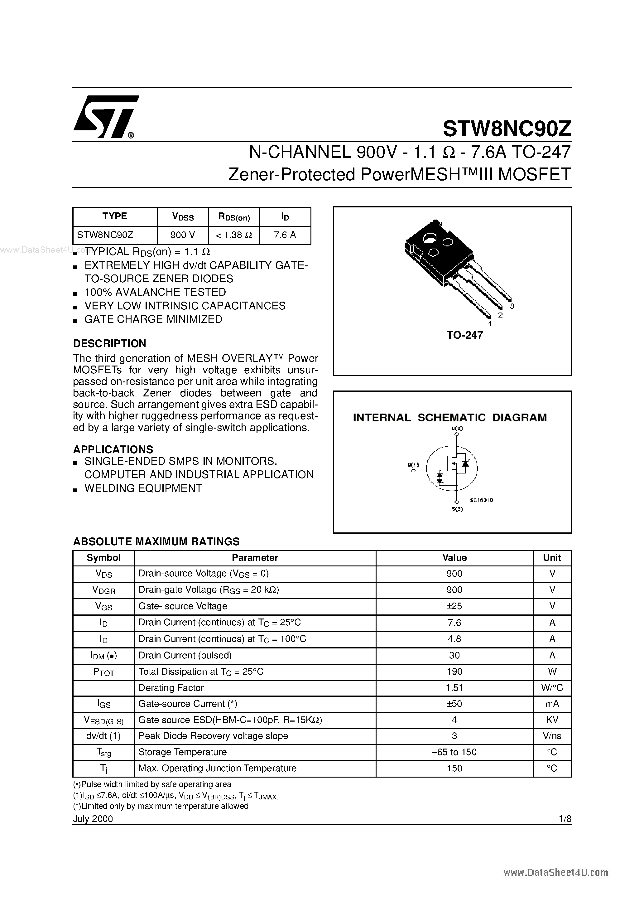 Datasheet STW8NC90Z page 1 Datasheet STW8NC90Z - N-CHANNEL ENHANCEMENT MODE POWER MOS TRANSISTORS page 1