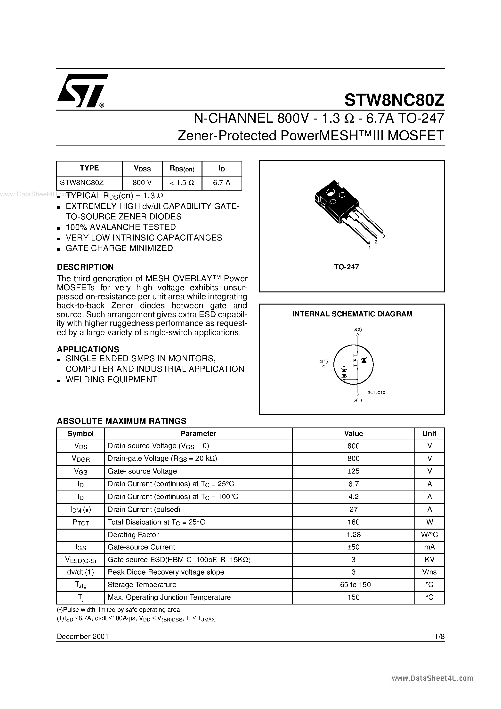 Datasheet STW8NC80Z page 1 Datasheet STW8NC80Z - N-CHANNEL ENHANCEMENT MODE POWER MOS TRANSISTORS page 1