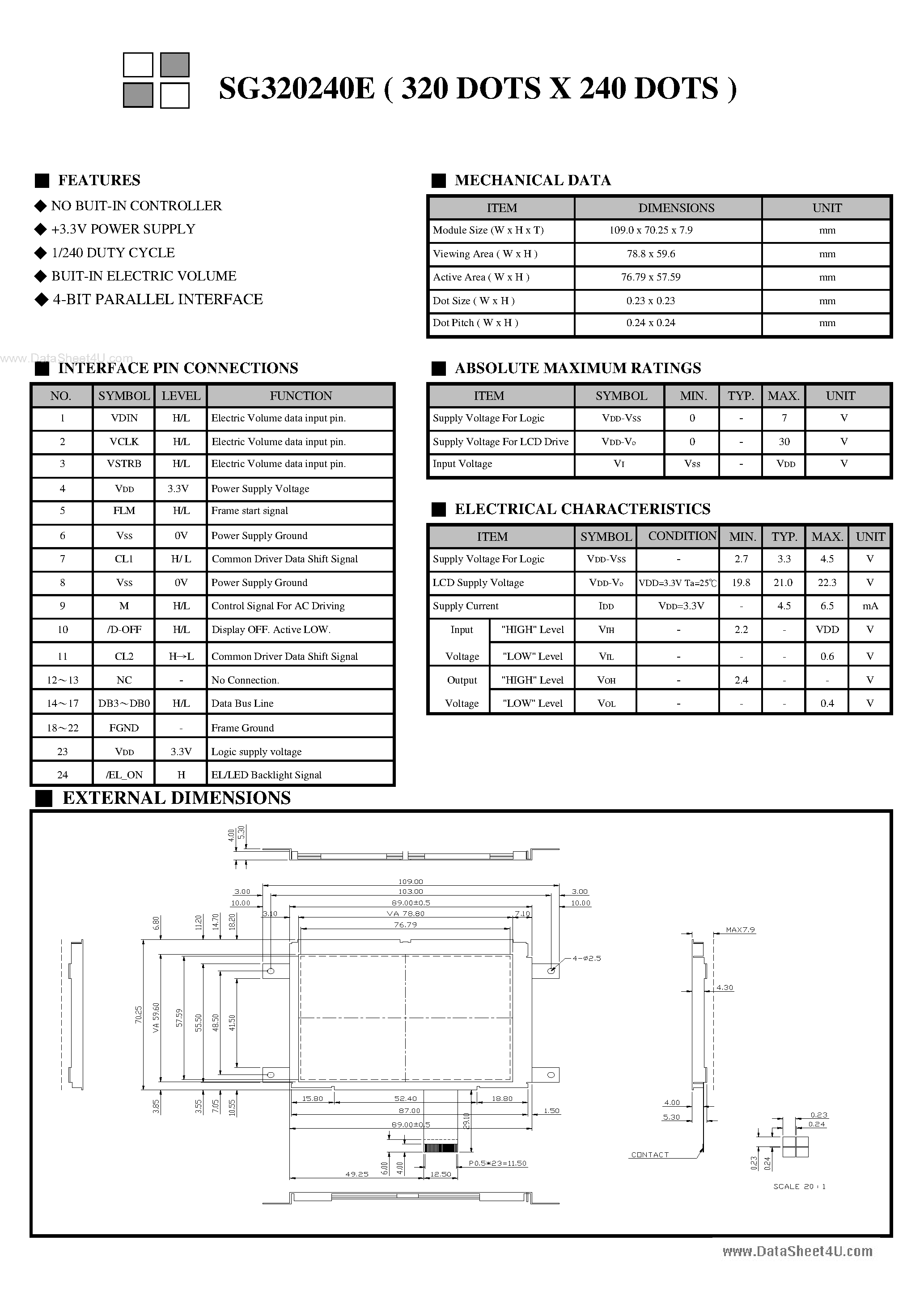 Datasheet SG320240E - 320 X 240 Display page 1
