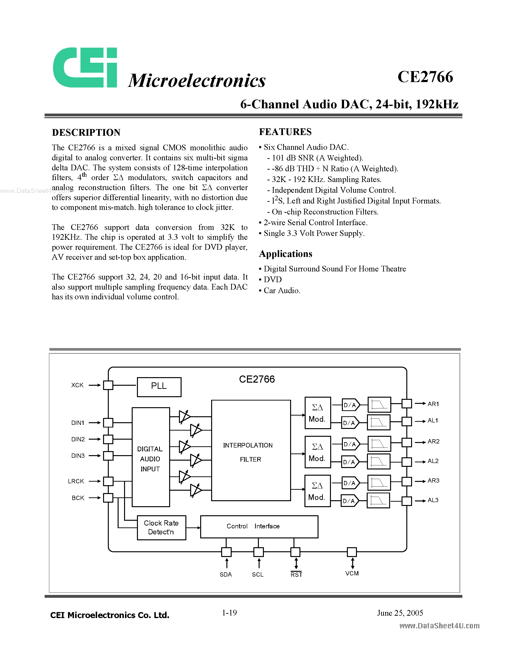 Datasheet CE2766 page 1 Datasheet CE2766 - 6-Channe Audio DAC page 1