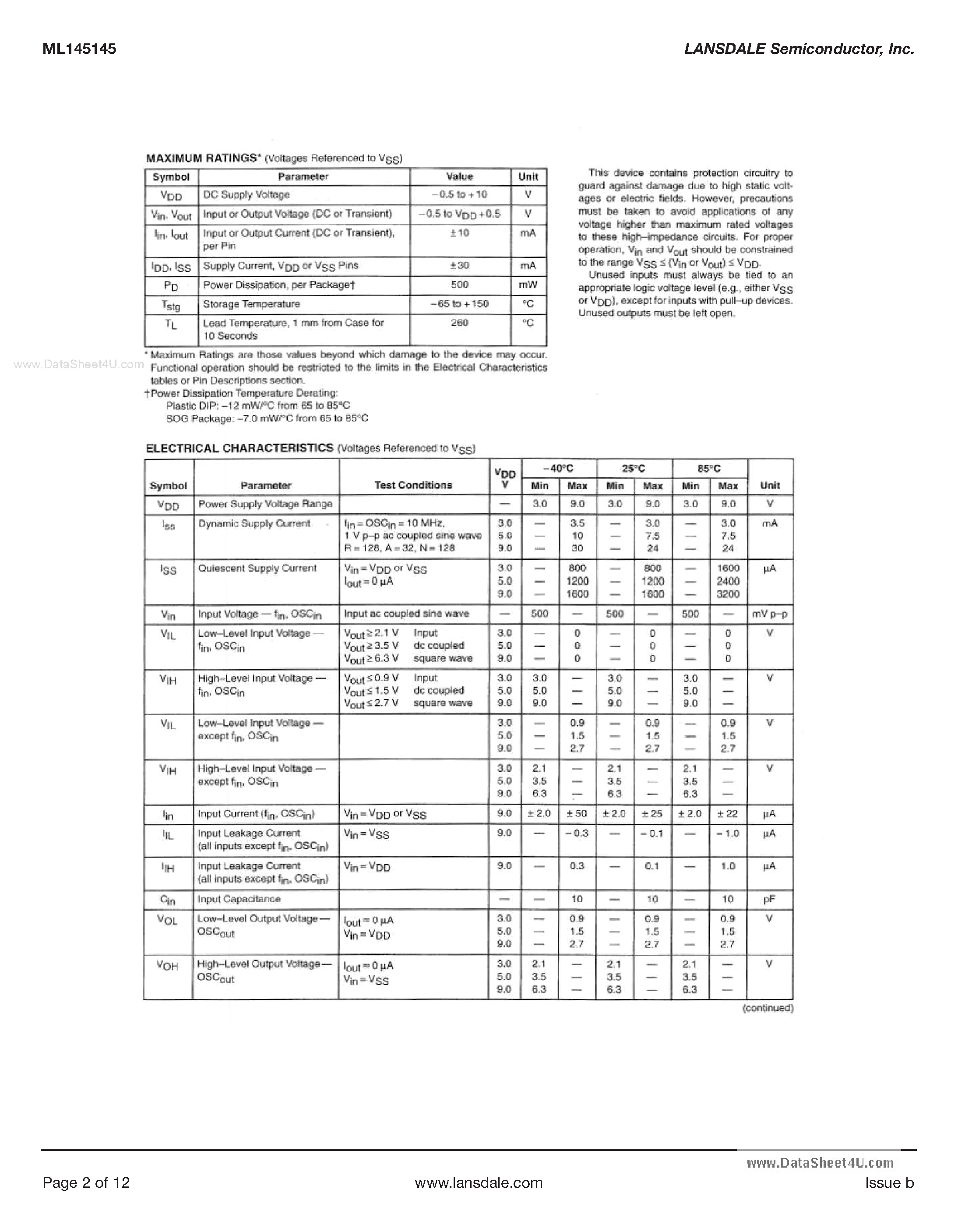 Datasheet MC145145 - 4-Bit Data Bus Input PLL Frequency Synthesizer page 2