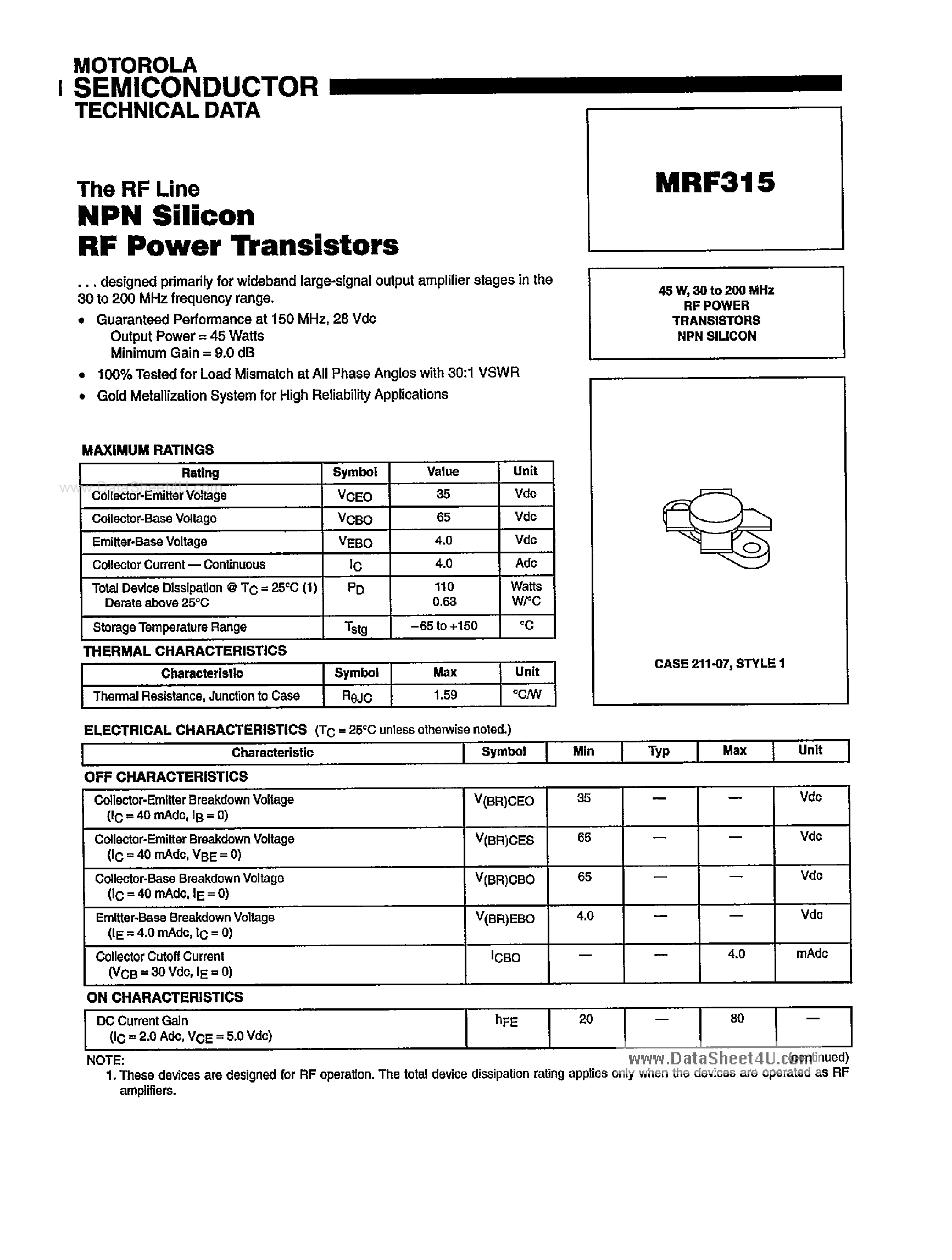 Datasheet MRF315 page 1 Datasheet MRF315 - NPN Silicon RF Power Transistors page 1
