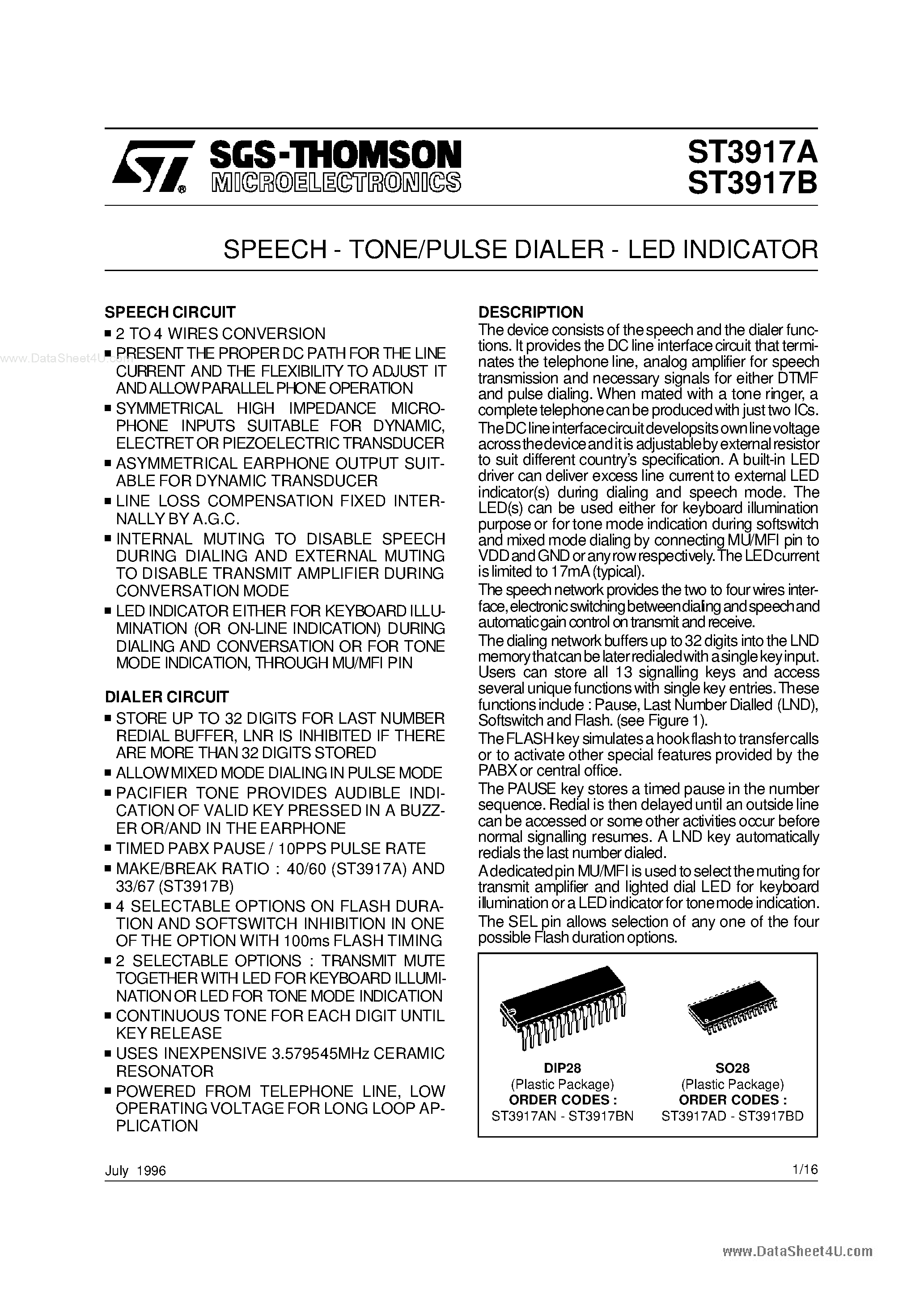 Datasheet ST3938A page 1 Datasheet ST3938A - SPEECH - TONE/PULSE DIALER - LED INDICATOR page 1