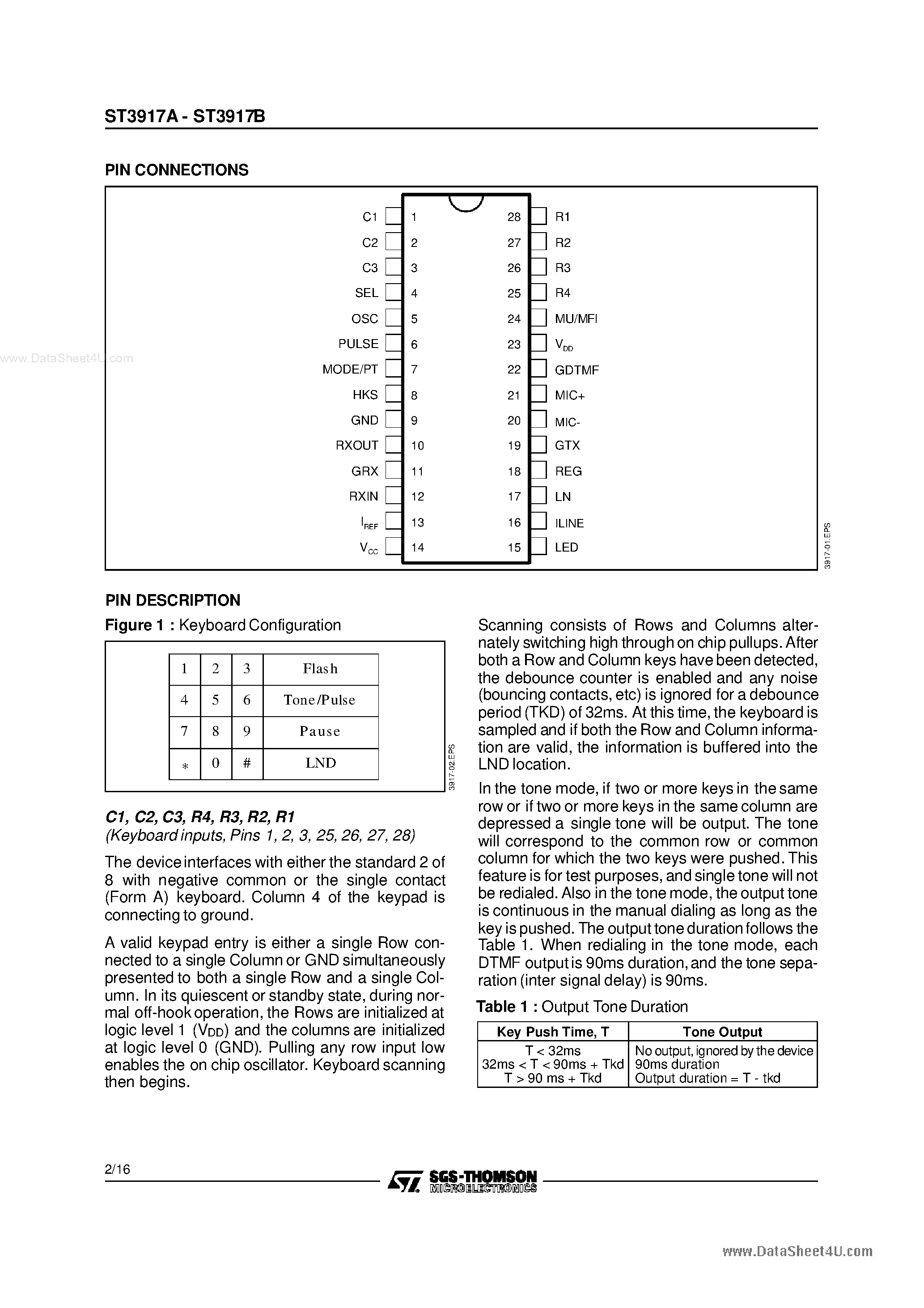 Datasheet ST3938A page 2 Datasheet ST3938A - SPEECH - TONE/PULSE DIALER - LED INDICATOR page 2