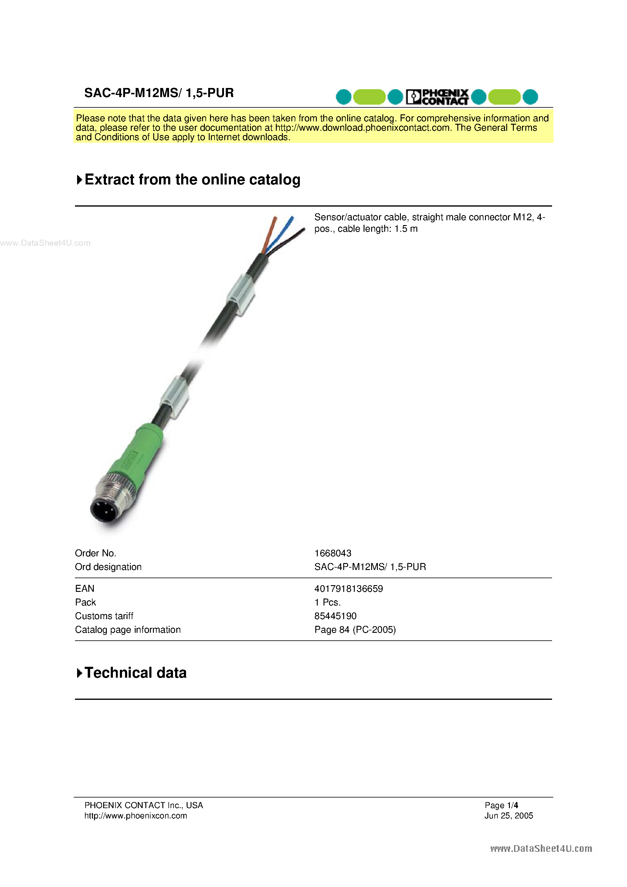 Даташит SAC-P-M12MS - Bus Cable страница 1