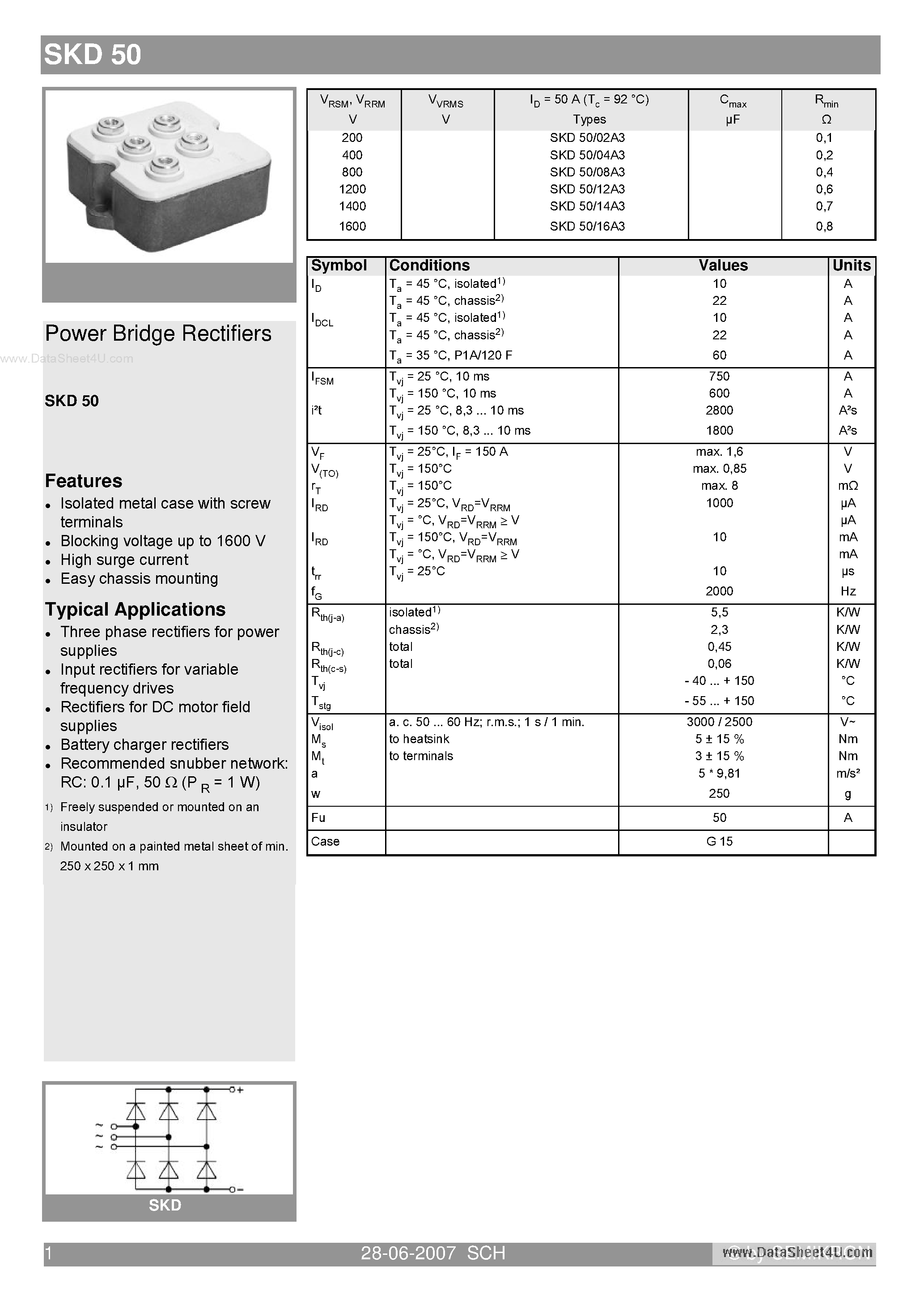 Datasheet SKD50 - Power Bridge Rectifiers page 1