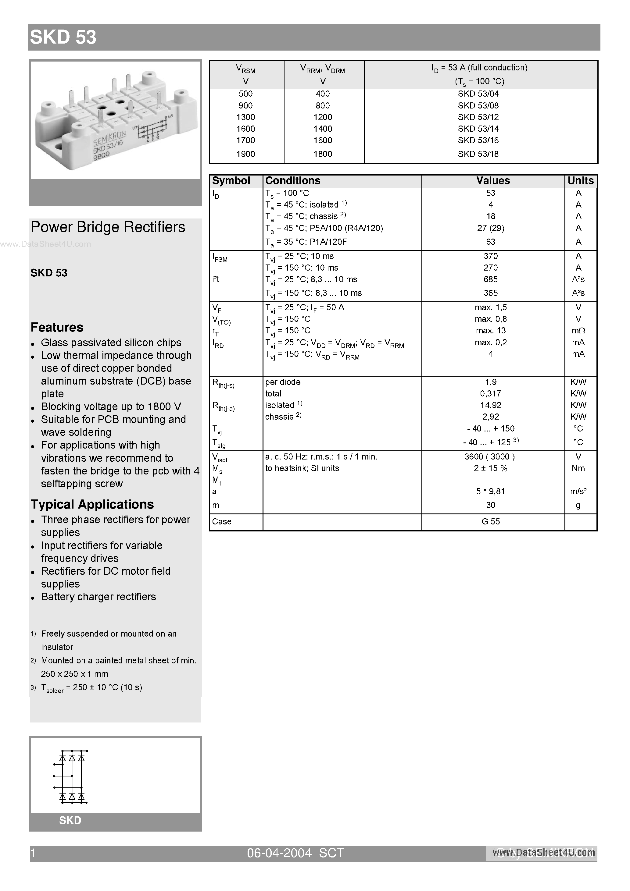 Datasheet SKD53 - Power Bridge Rectifiers page 1