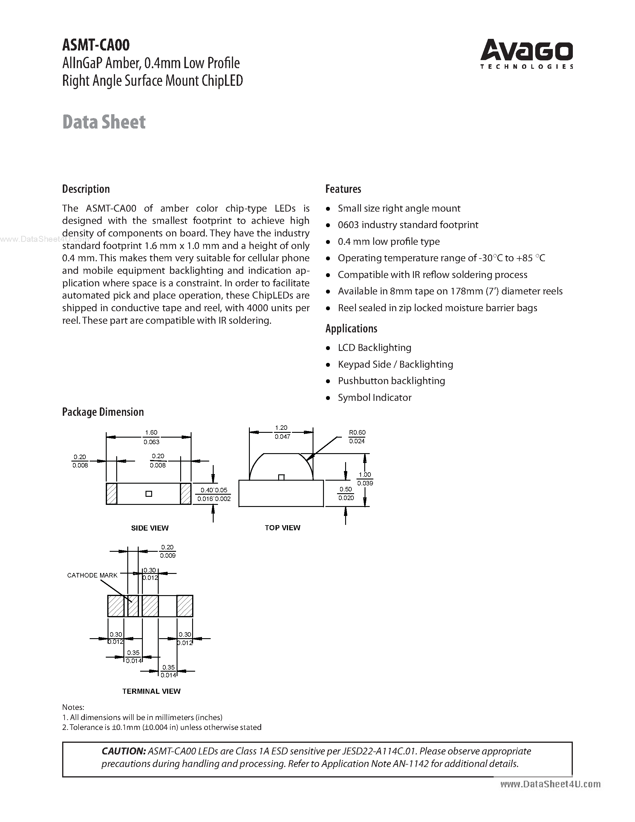 Datasheet ASMT-CA00 page 1 Datasheet ASMT-CA00 - 0.4mm Low Profile Right Angle Surface Mount ChipLED page 1