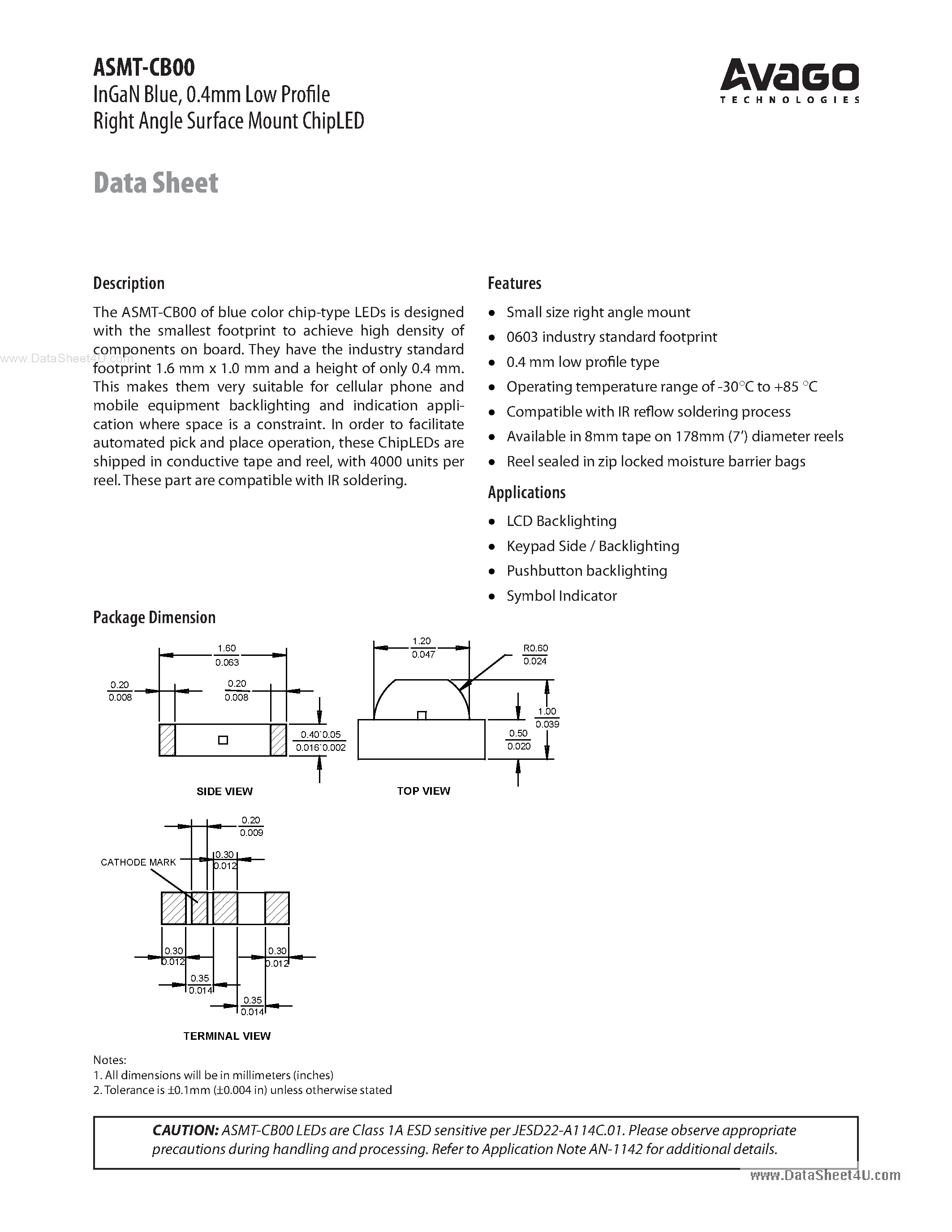 Datasheet ASMT-CB00 page 1 Datasheet ASMT-CB00 - 0.4mm Low Profile Right Angle Surface Mount ChipLED page 1