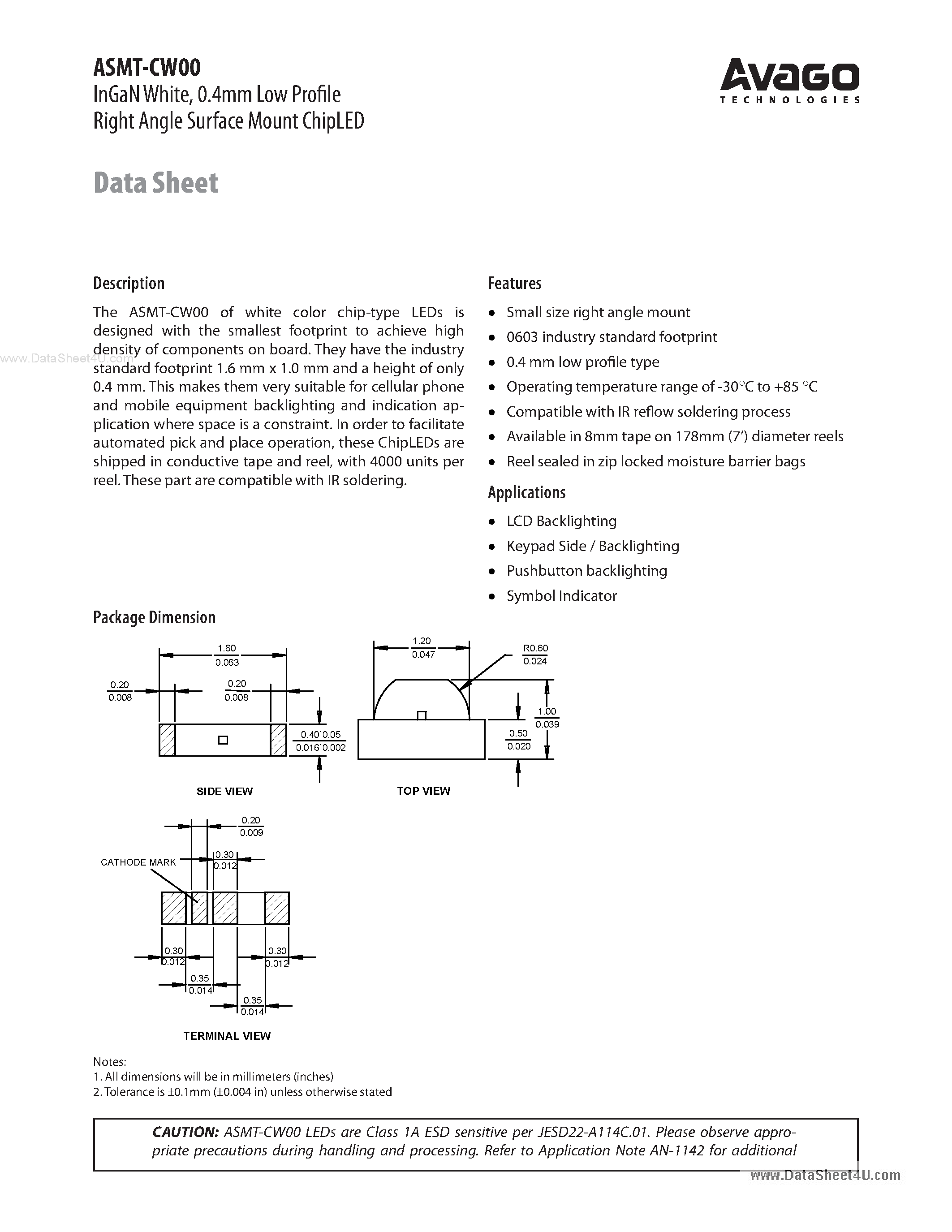 Datasheet ASMT-CW00 page 1 Datasheet ASMT-CW00 - 0.4mm Low Profile Right Angle Surface Mount ChipLED page 1