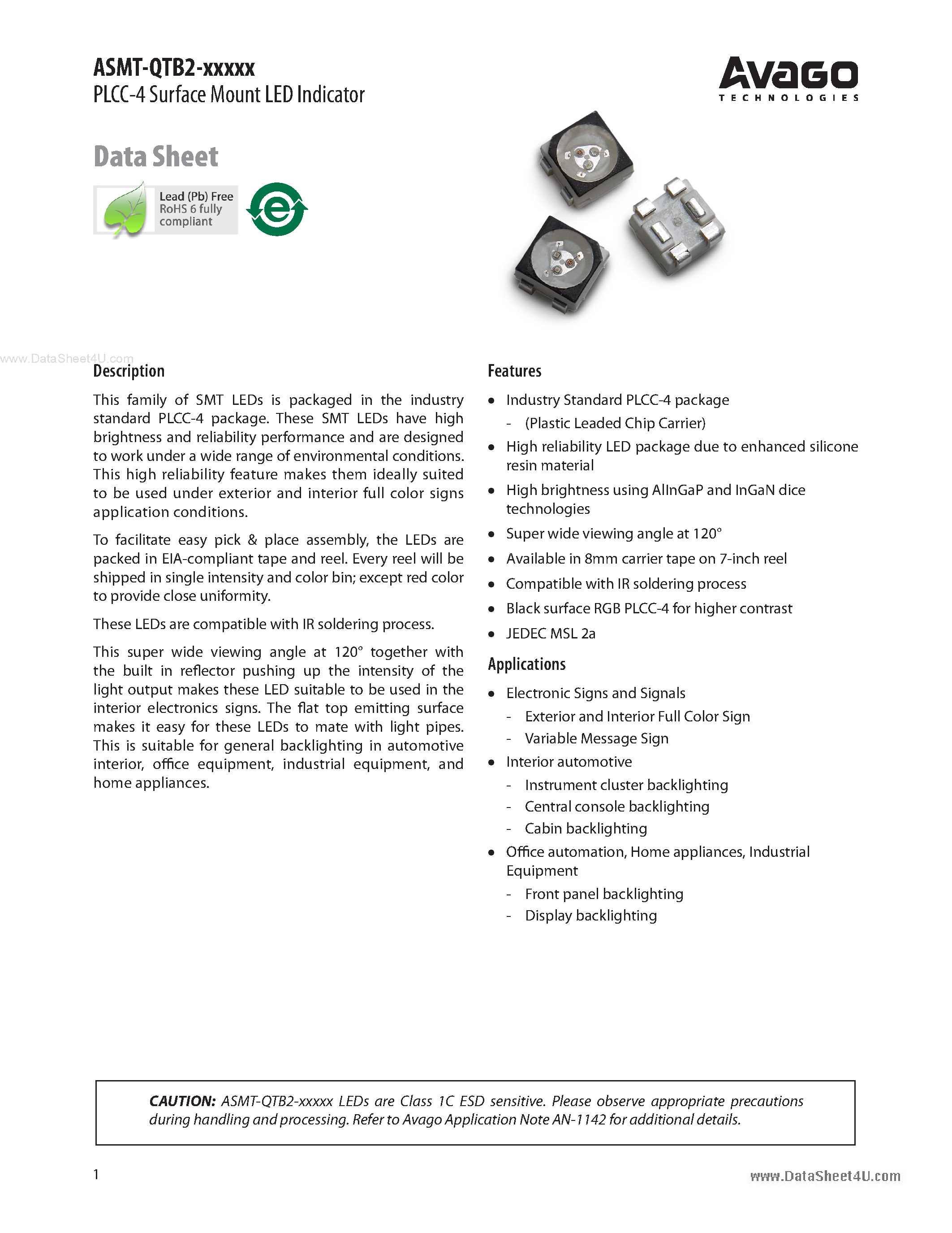 Datasheet ASMT-QTB2-XXXXX - PLCC-4 Surface Mount LED Indicator page 1