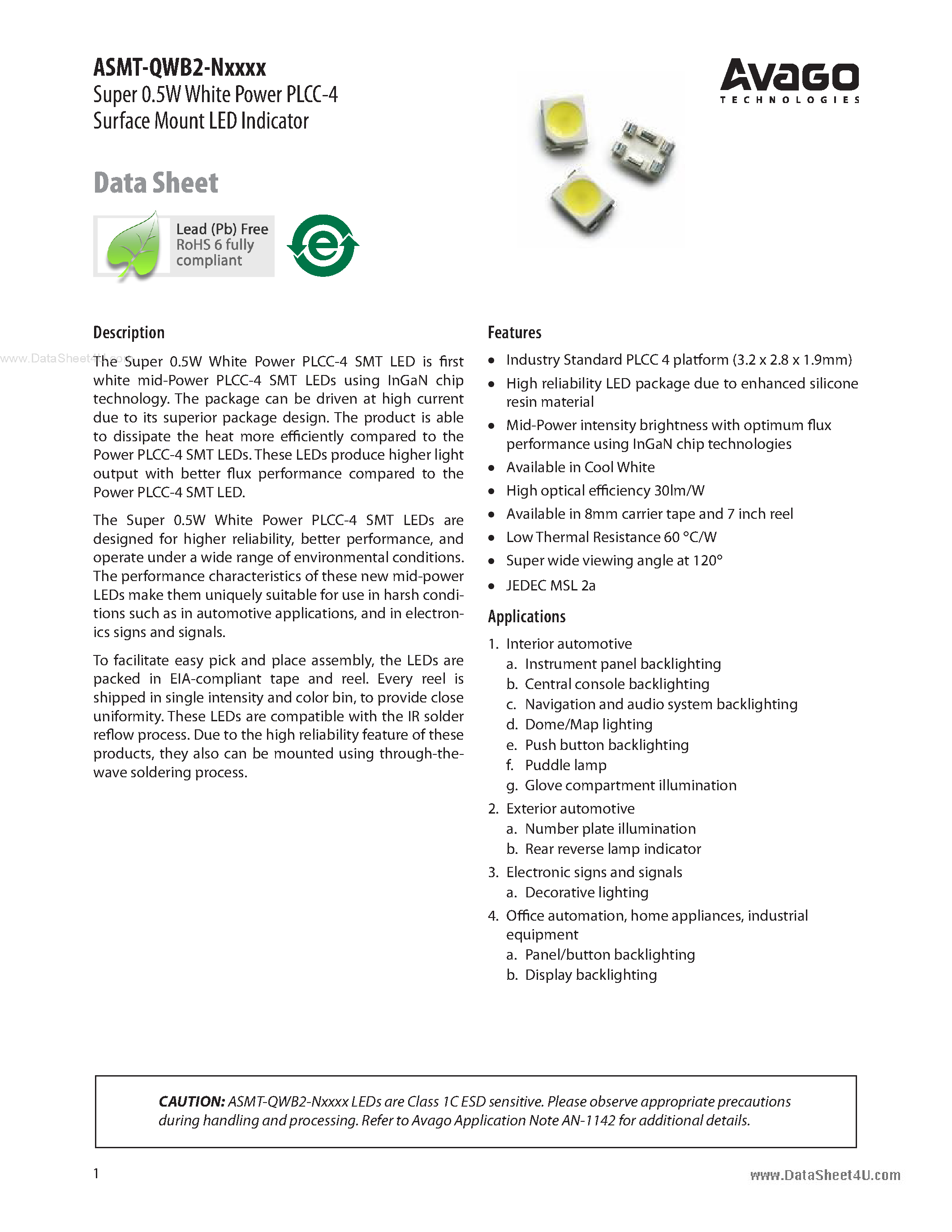 Datasheet ASMT-QWB2-NXXXX - Super 0.5W White Power PLCC-4 Surface Mount LED Indicator page 1