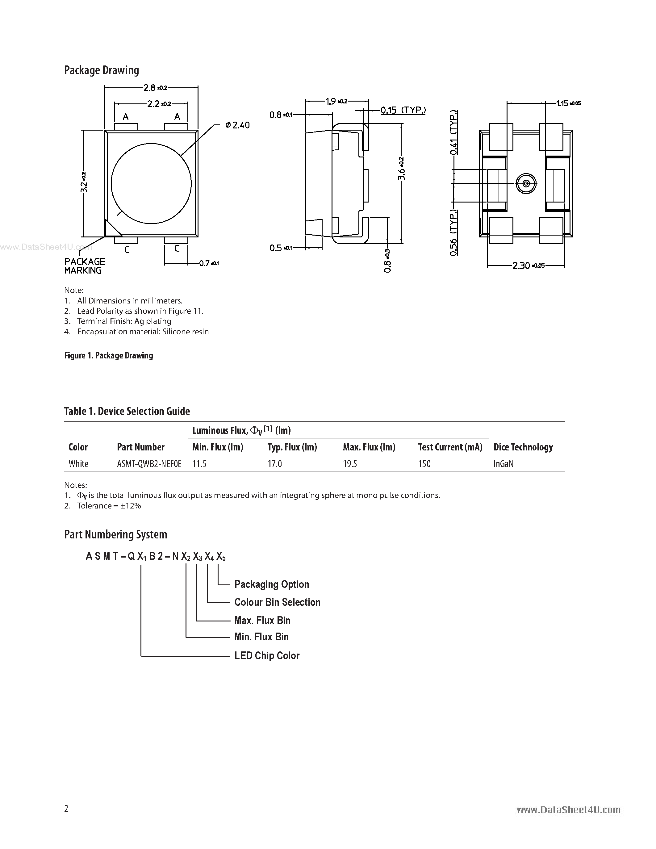 Datasheet ASMT-QWB2-NXXXX - Super 0.5W White Power PLCC-4 Surface Mount LED Indicator page 2
