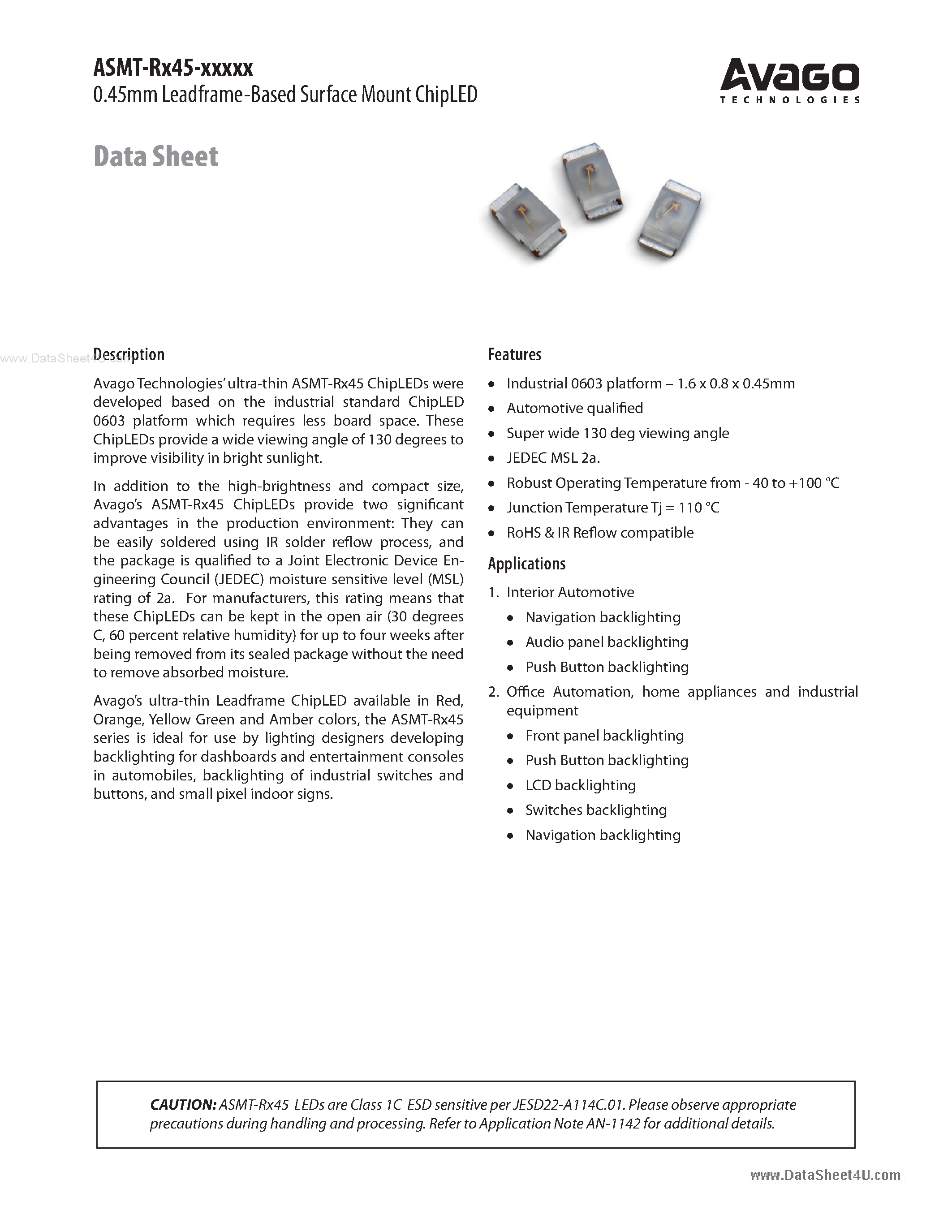 Datasheet ASMT-Rx45-xxxxx page 1 Datasheet ASMT-Rx45-xxxxx - 0.45mm Leadframe-Based Surface Mount ChipLED page 1