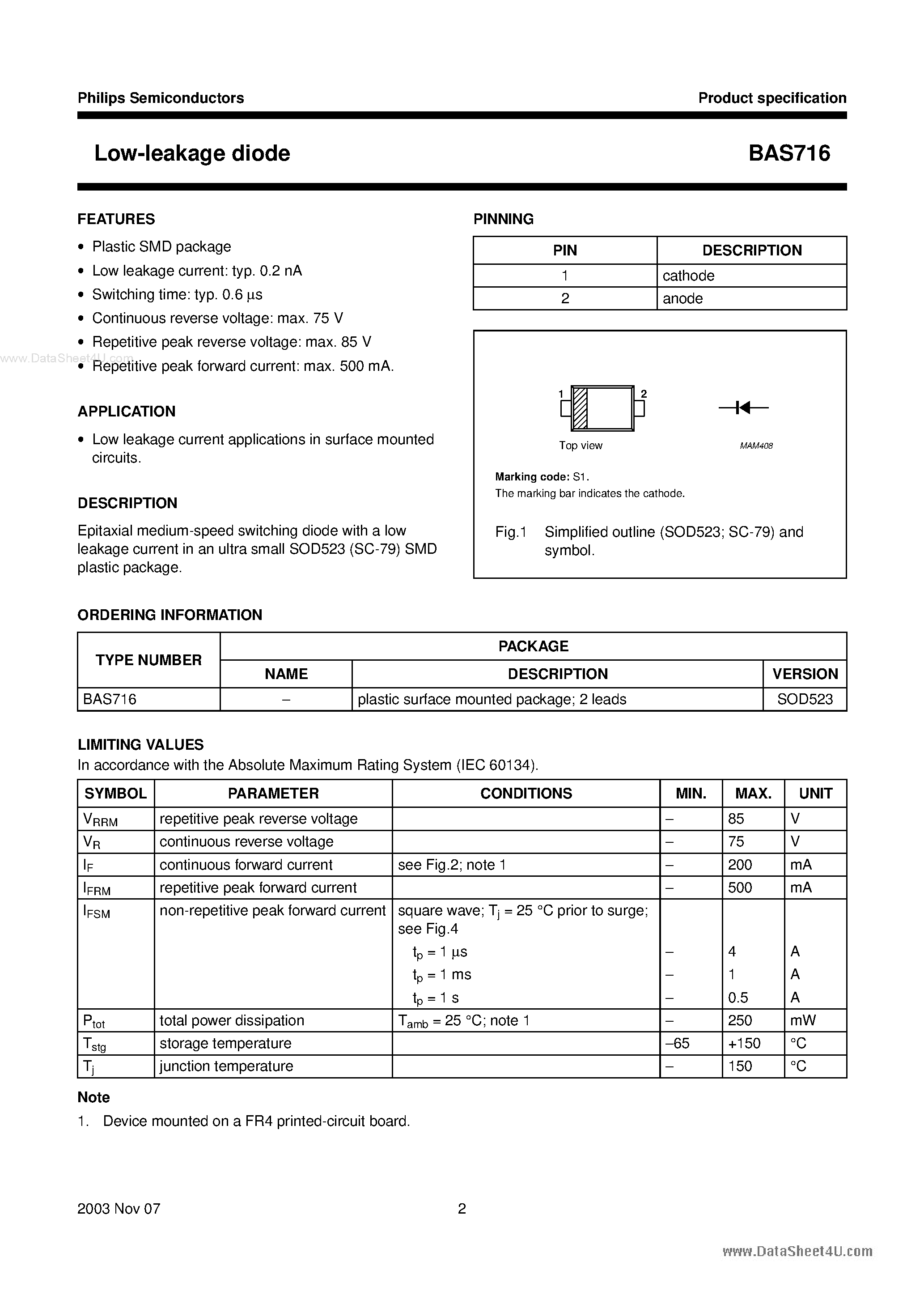 Datasheet BAS716 page 2 Datasheet BAS716 - Low-leakage diode page 2