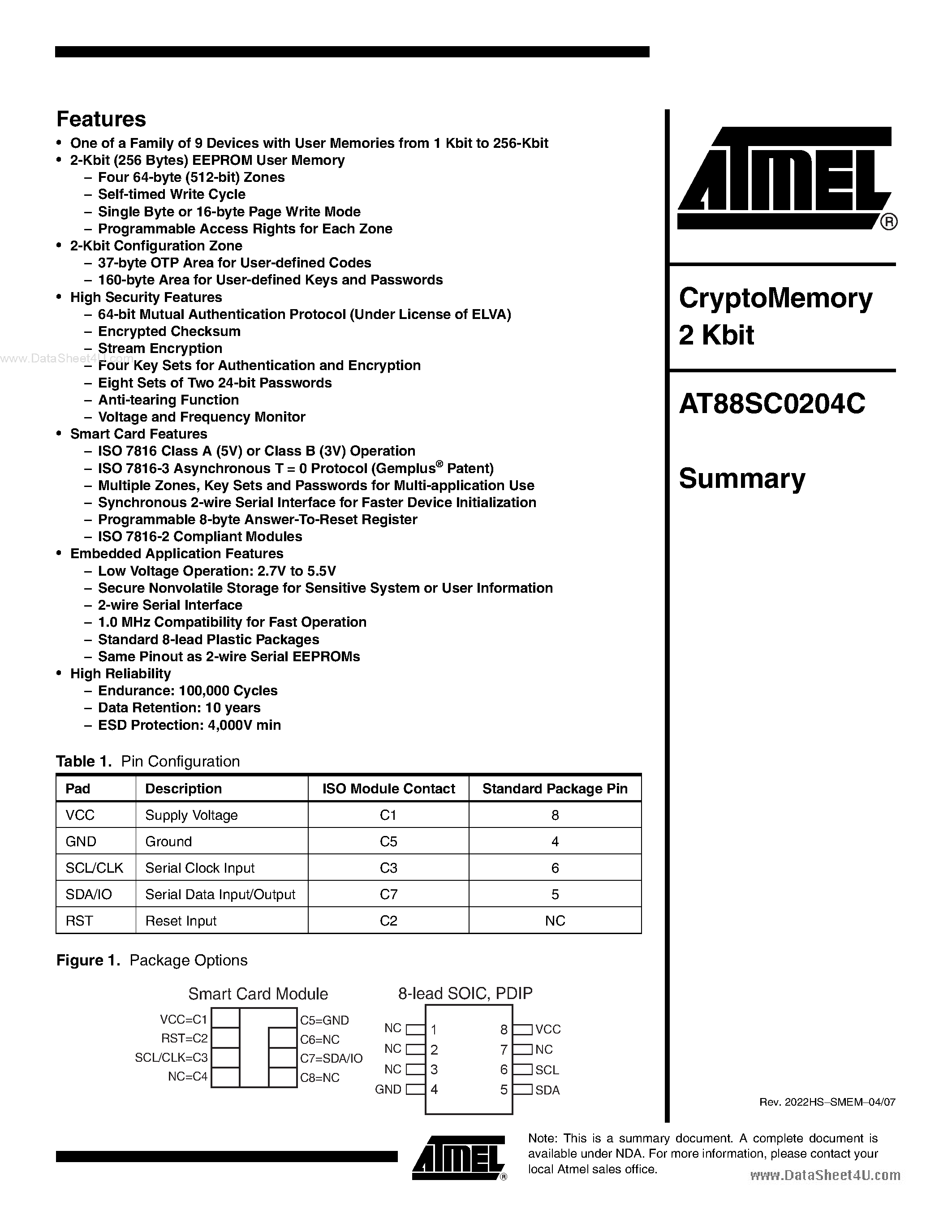 Даташит на микросхему AT88SC0204C страница 1 Даташит AT88SC0204C - CryptoMemory 2 Kbit страница 1