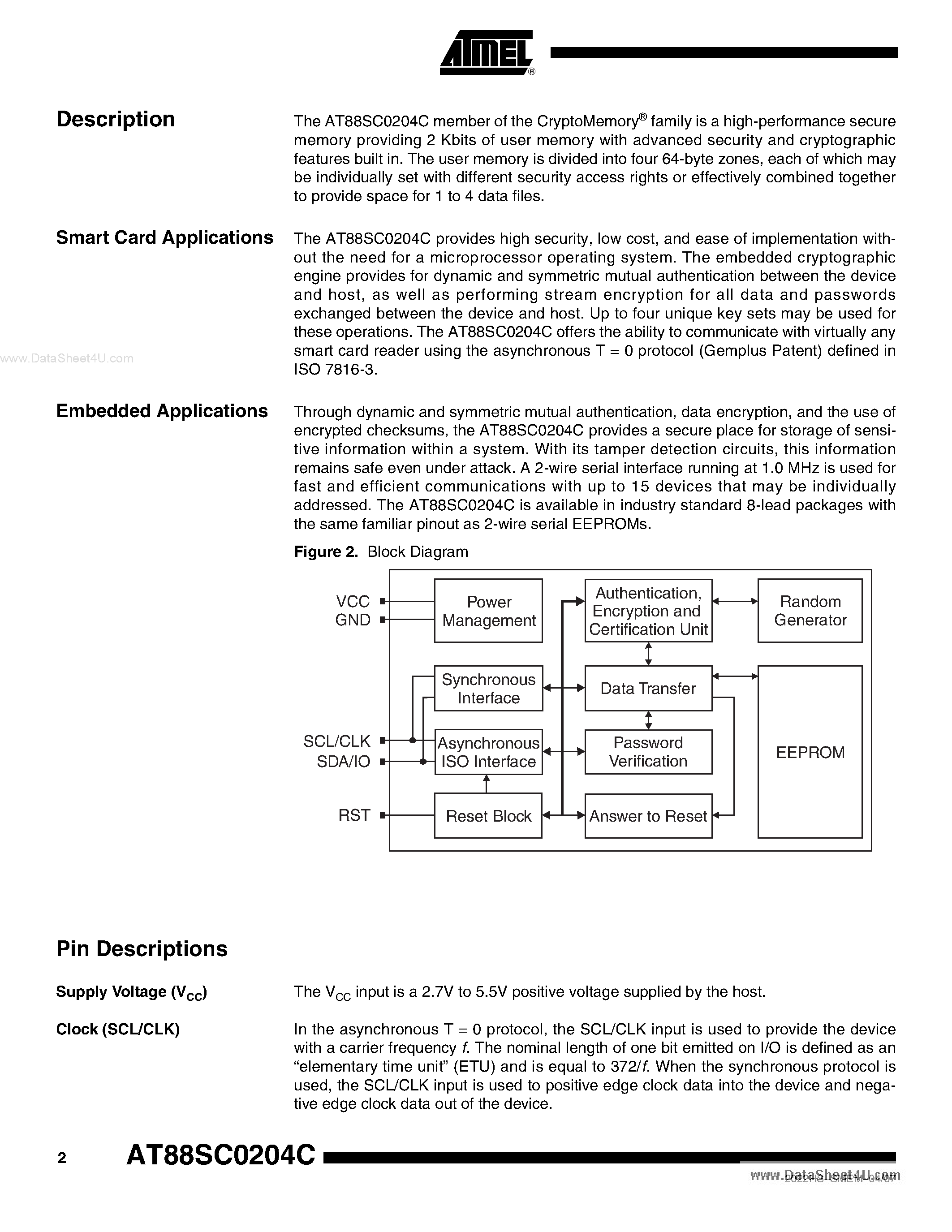 Даташит на микросхему AT88SC0204C страница 2 Даташит AT88SC0204C - CryptoMemory 2 Kbit страница 2
