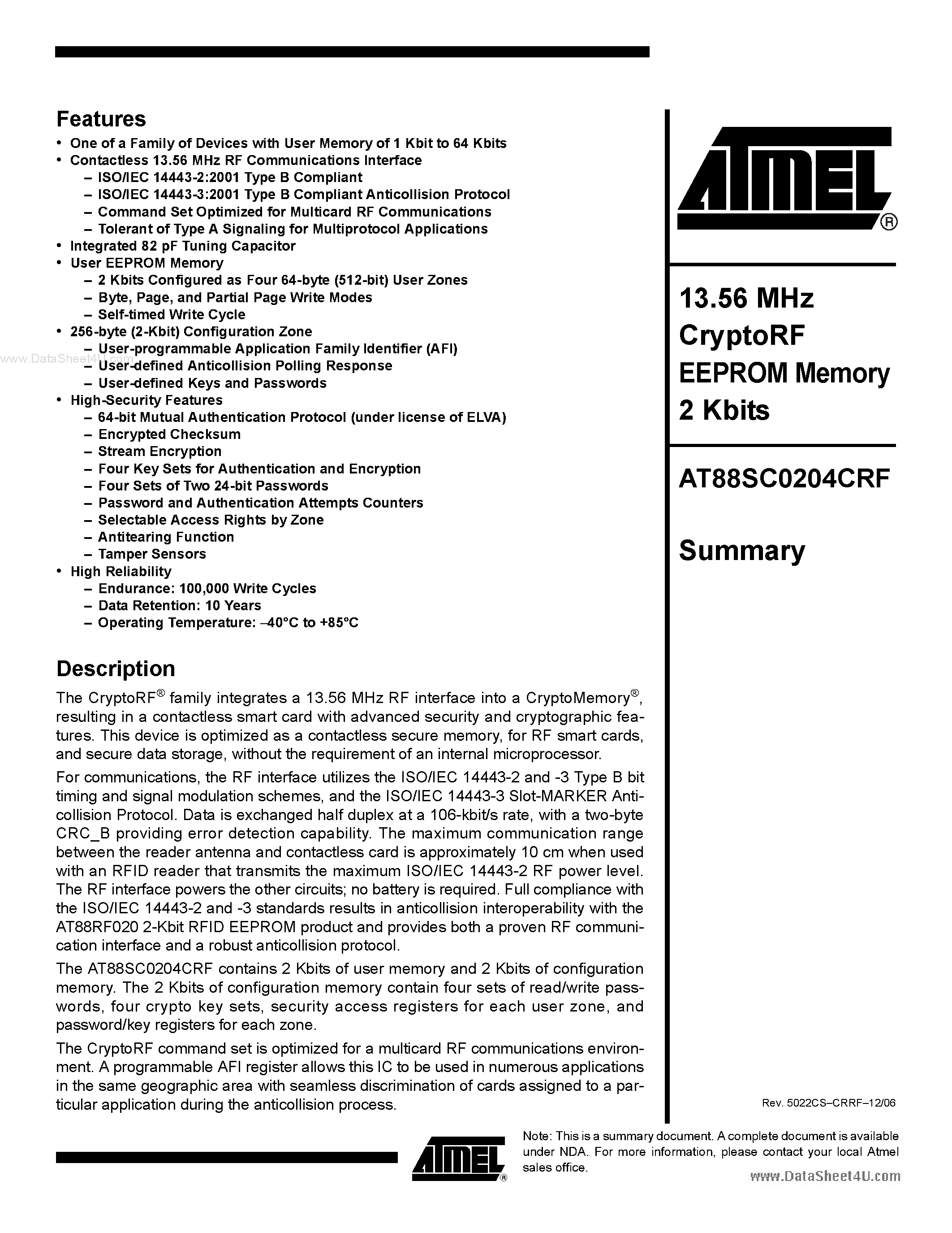 Даташит на микросхему AT88SC0204CRF страница 1 Даташит AT88SC0204CRF - 13.56 MHz CryptoRF EEPROM Memory 2 Kbits страница 1