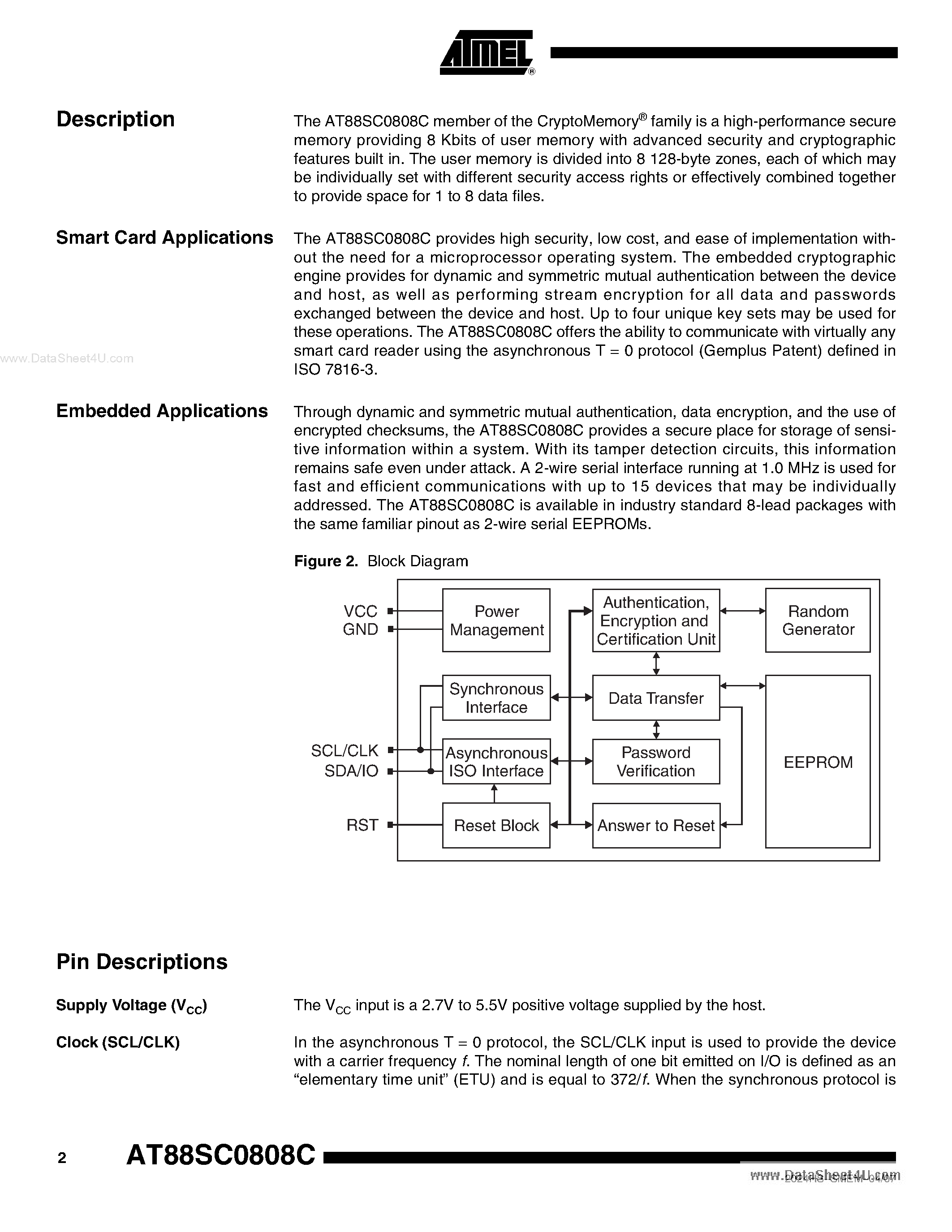 Datasheet AT88SC0808C page 2 Datasheet AT88SC0808C - CryptoMemory 8 Kbit page 2