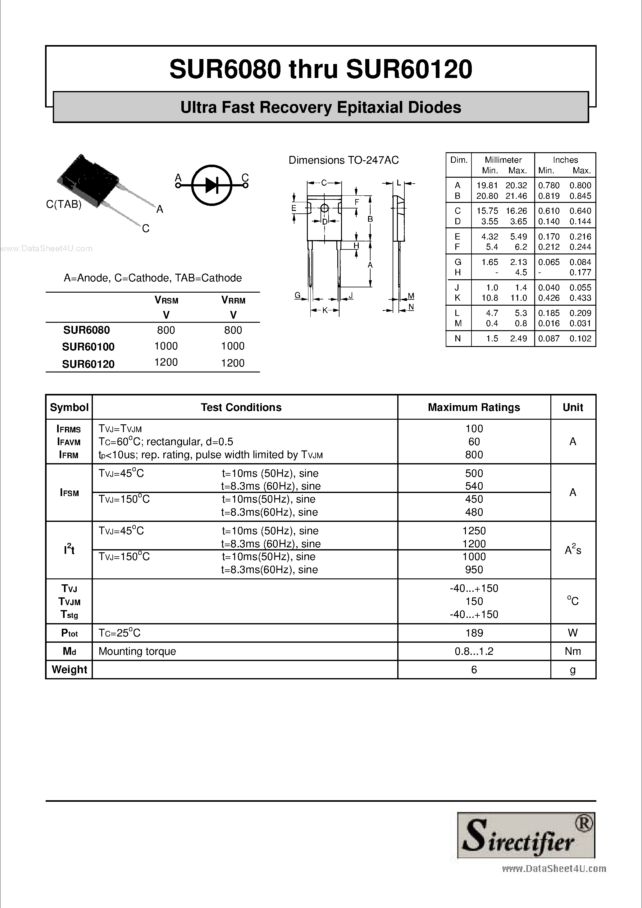 Даташит SUR60100 - (SUR6080 - SUR60120) Ultra Fast Recovery Epitaxial Diodes страница 1