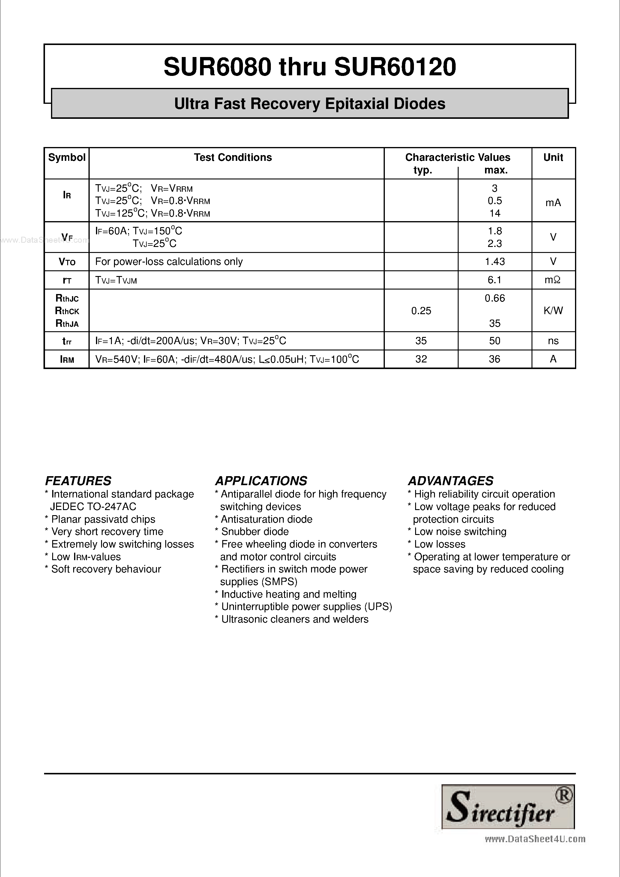 Даташит SUR60100 - (SUR6080 - SUR60120) Ultra Fast Recovery Epitaxial Diodes страница 2