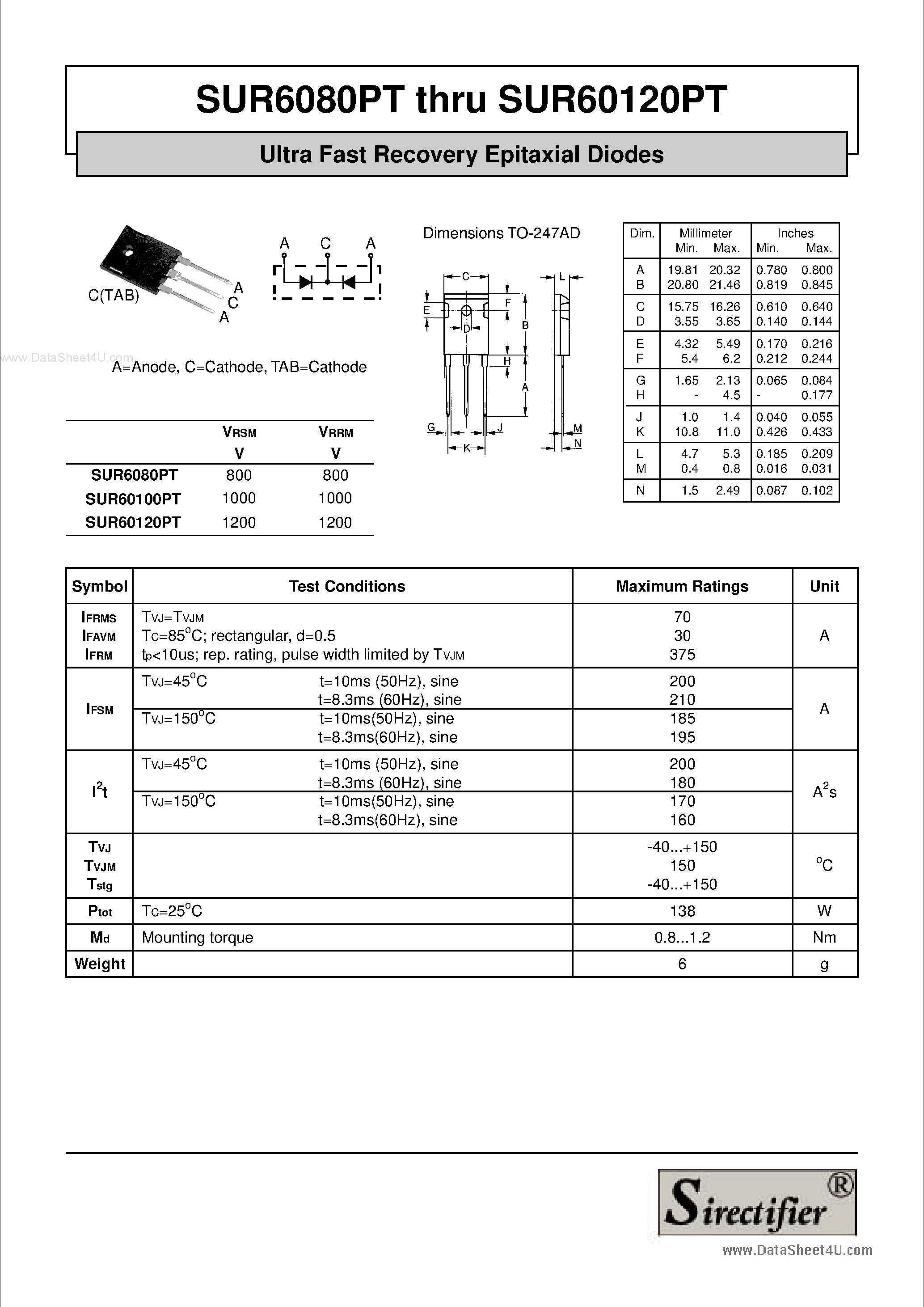 Даташит SUR60100PT - (SUR6080PT - SUR60120PT) Ultra Fast Recovery Epitaxial Diodes страница 1