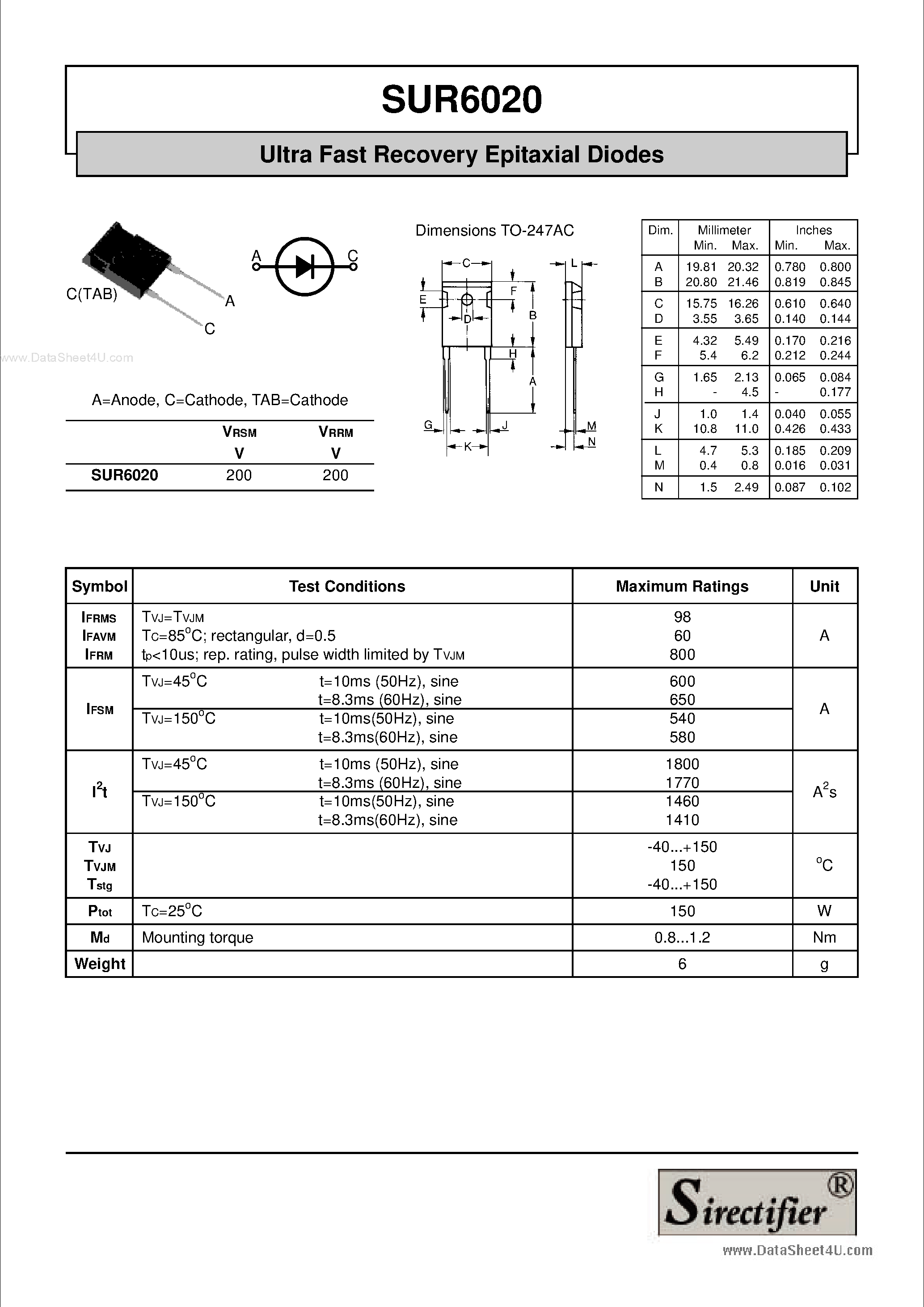 Даташит на микросхему SUR6020 страница 1 Даташит SUR6020 - Ultra Fast Recovery Epitaxial Diodes страница 1