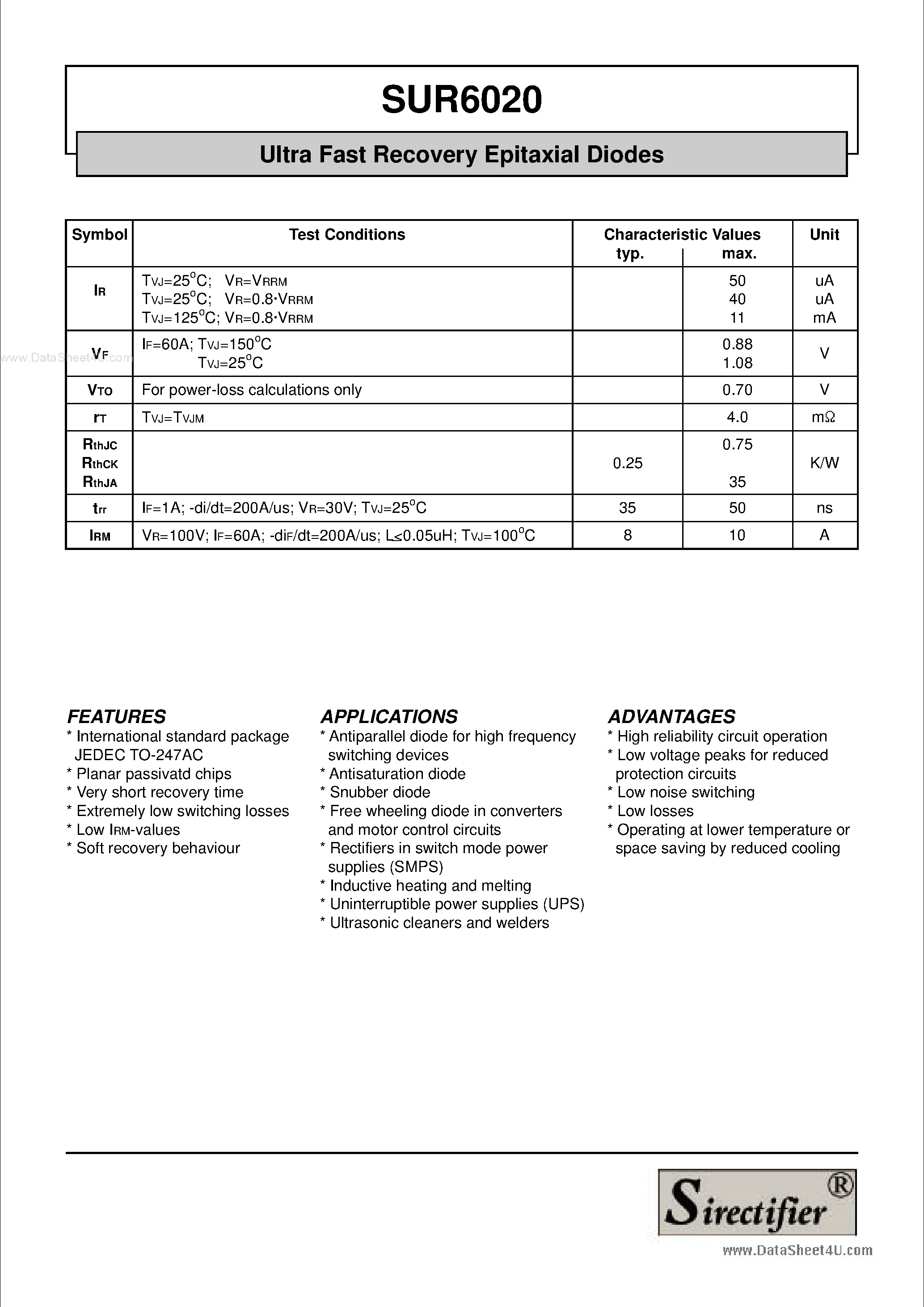 Даташит на микросхему SUR6020 страница 2 Даташит SUR6020 - Ultra Fast Recovery Epitaxial Diodes страница 2