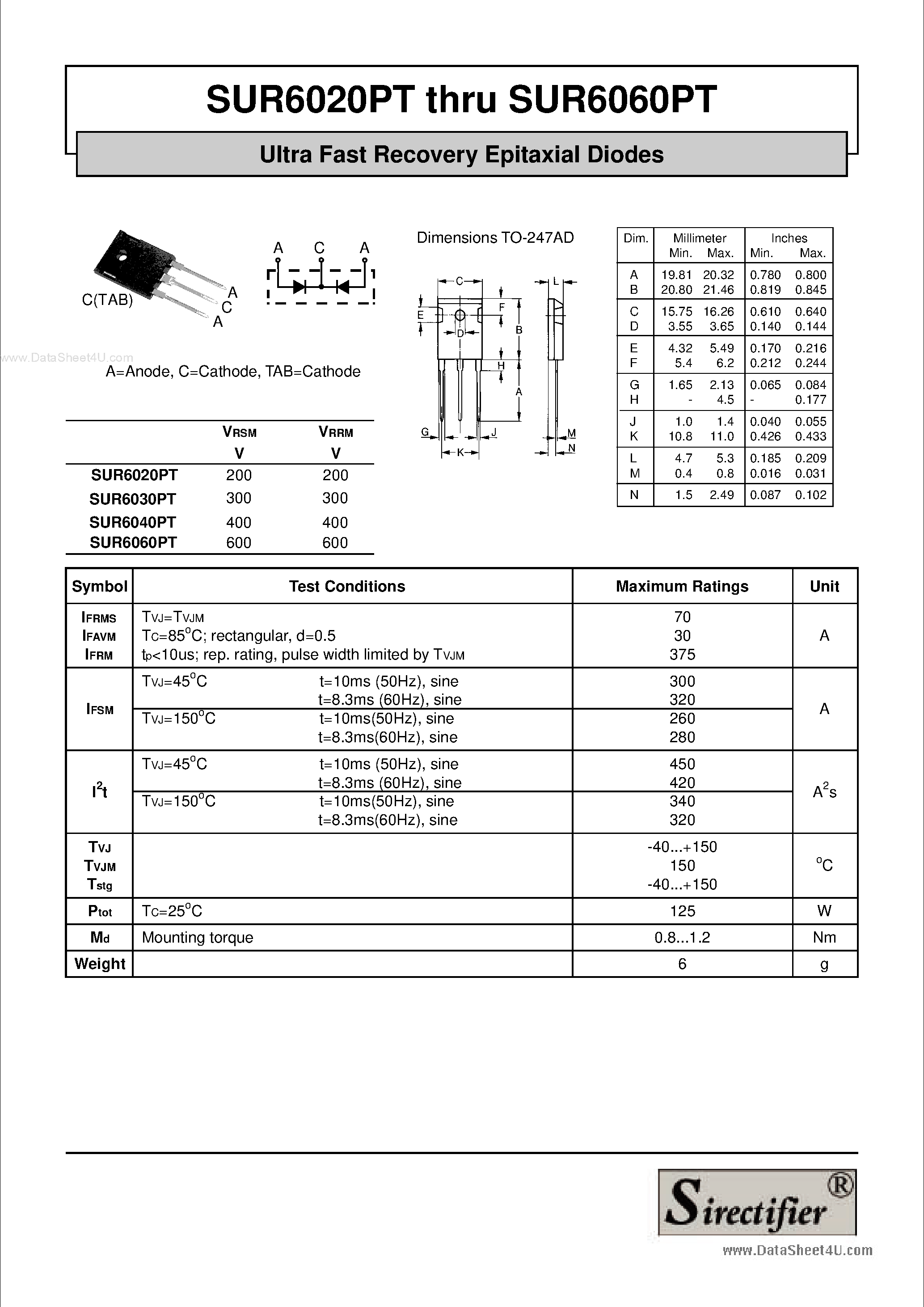 Даташит на микросхему SUR6020PT страница 1 Даташит SUR6020PT - (SUR6020PT - SUR6060PT) Ultra Fast Recovery Epitaxial Diodes страница 1