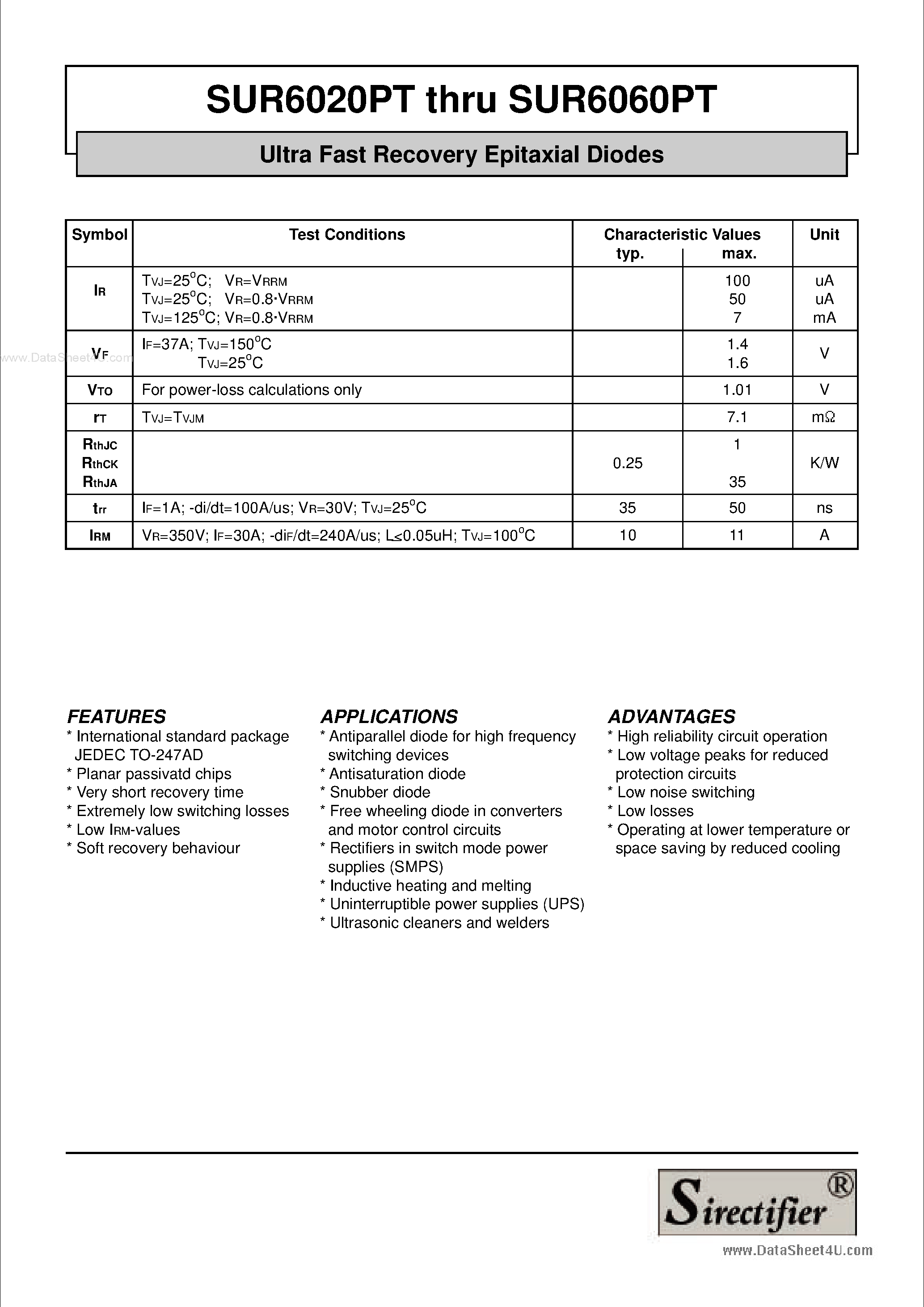 Даташит на микросхему SUR6020PT страница 2 Даташит SUR6020PT - (SUR6020PT - SUR6060PT) Ultra Fast Recovery Epitaxial Diodes страница 2