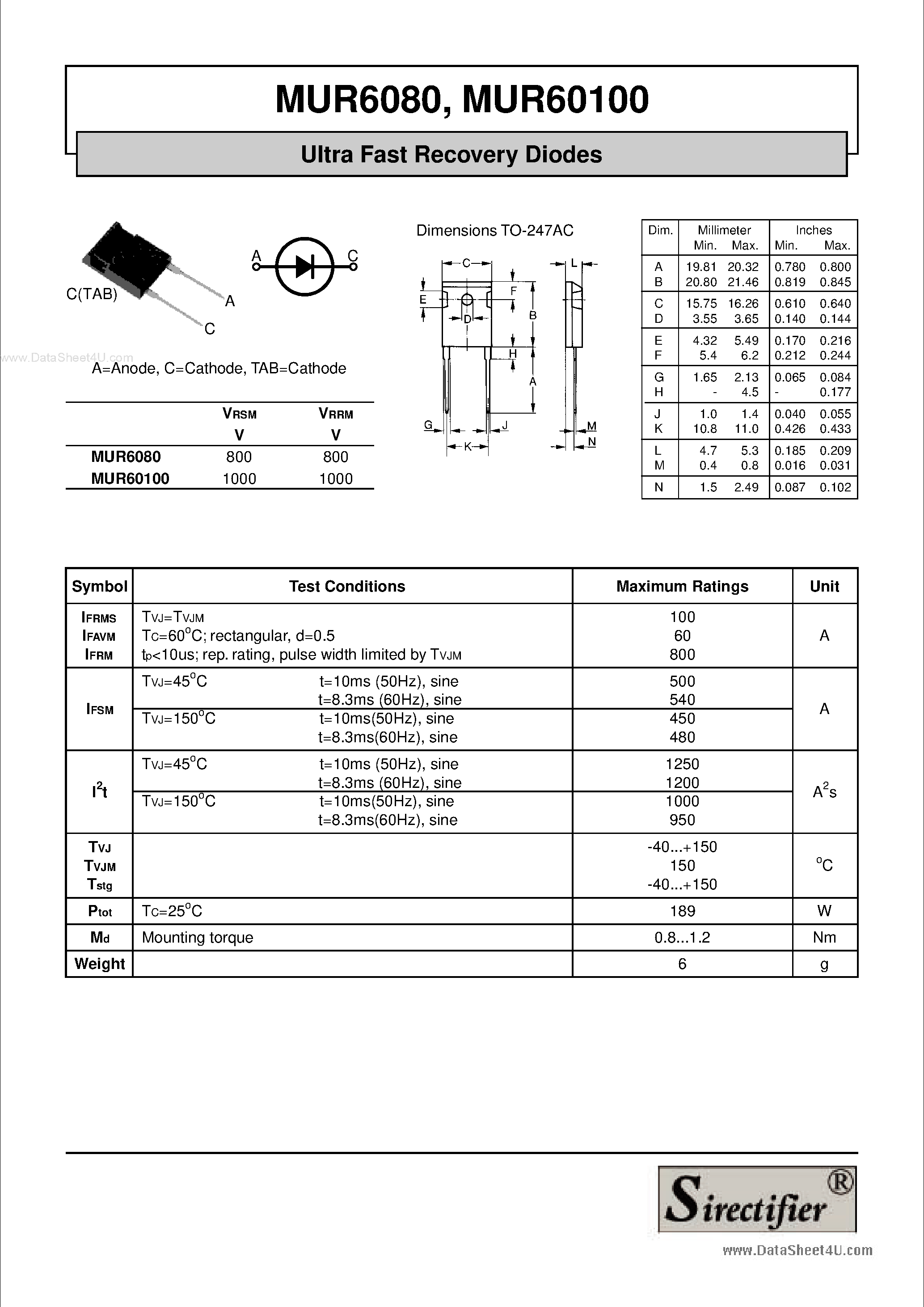 Даташит на микросхему MUR60100 страница 1 Даташит MUR60100 - (MUR6080 - MUR60100) Ultra Fast Recovery Diodes страница 1