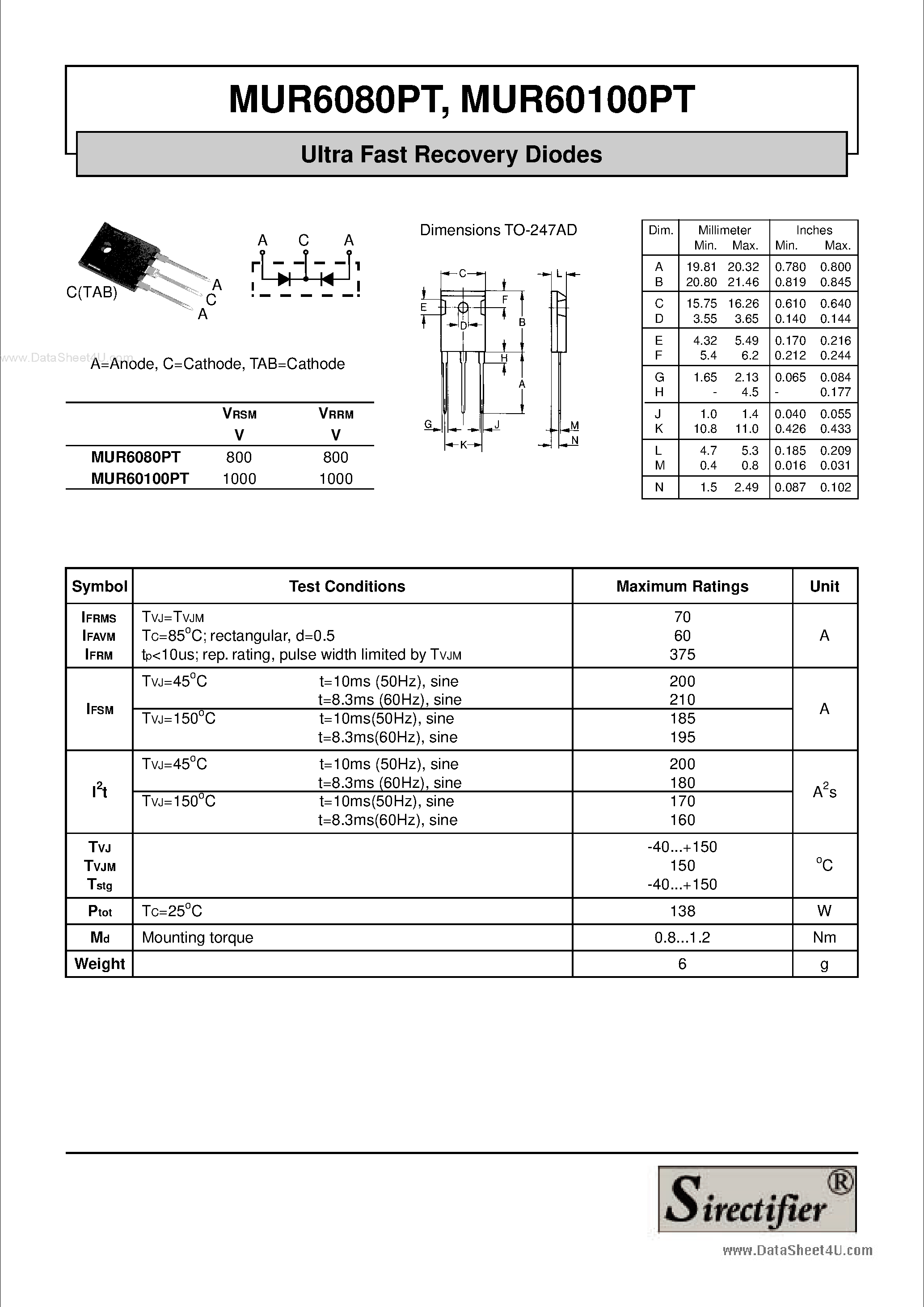 Даташит MUR60100PT - (MUR6080PT - MUR60100PT) Ultra Fast Recovery Diodes страница 1
