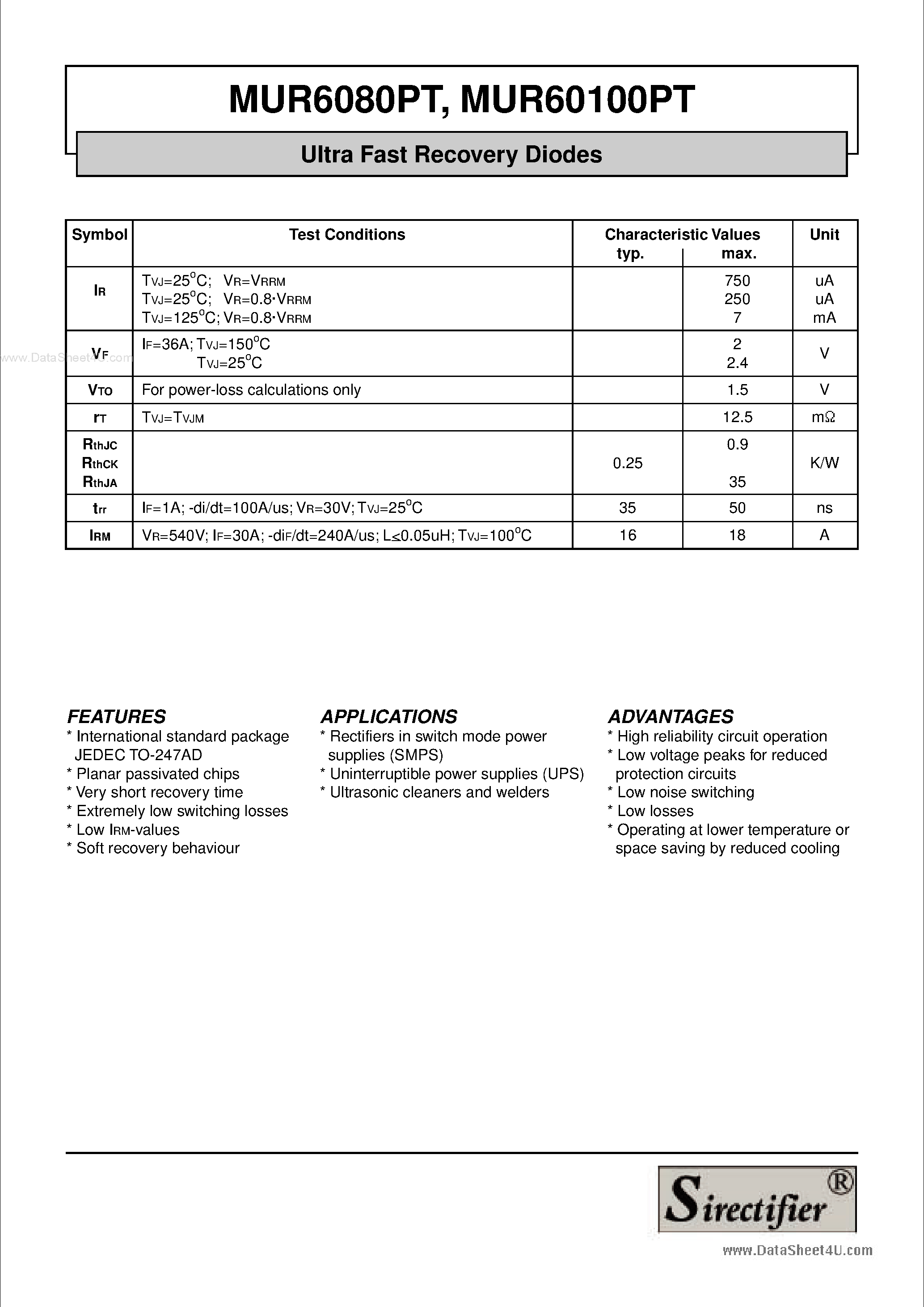 Даташит MUR60100PT - (MUR6080PT - MUR60100PT) Ultra Fast Recovery Diodes страница 2