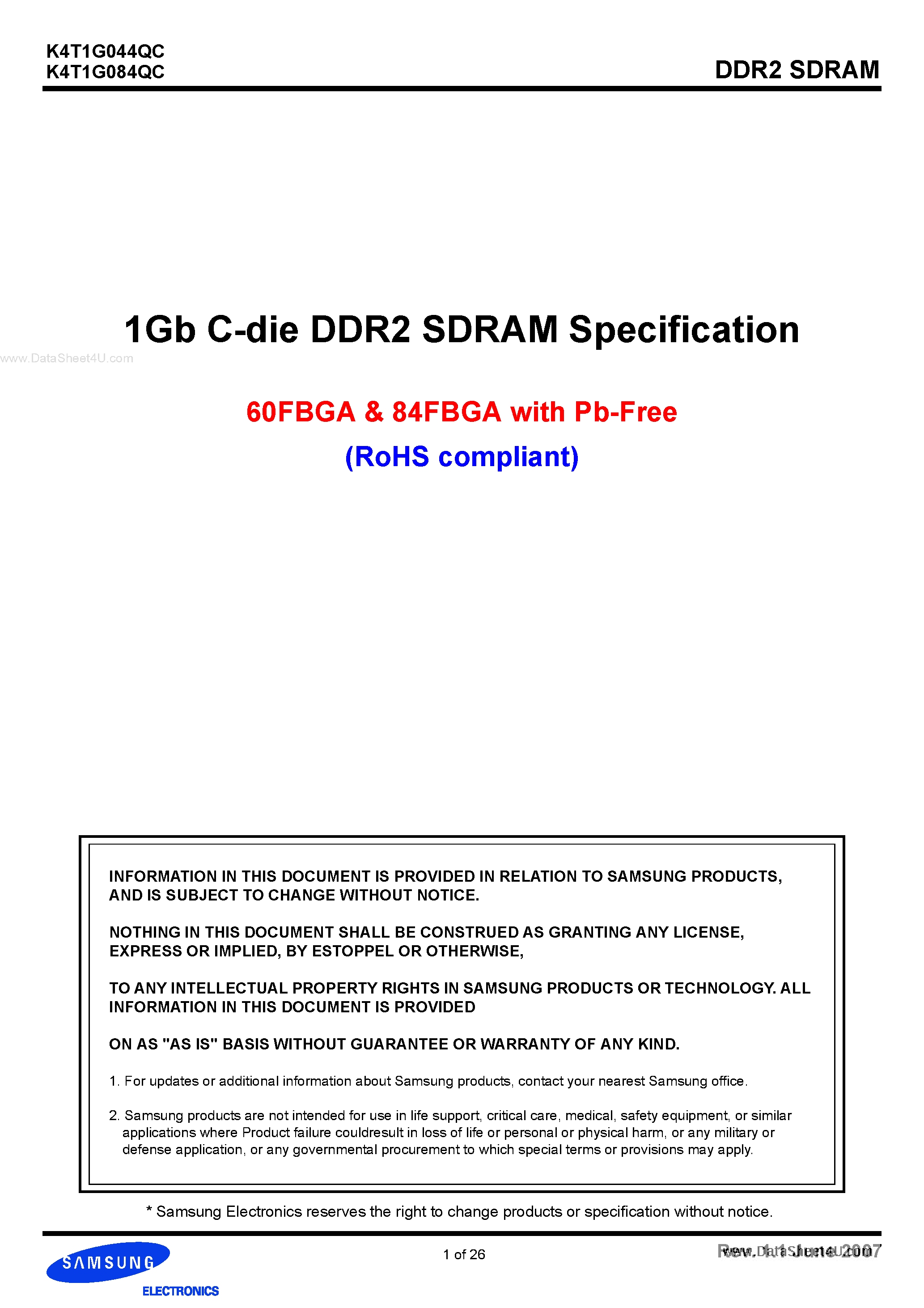 Datasheet K4T1G044QC page 1 Datasheet K4T1G044QC - (K4T1G044QC / K4T1G084QC) 1Gb C-die DDR2 SDRAM Specification page 1