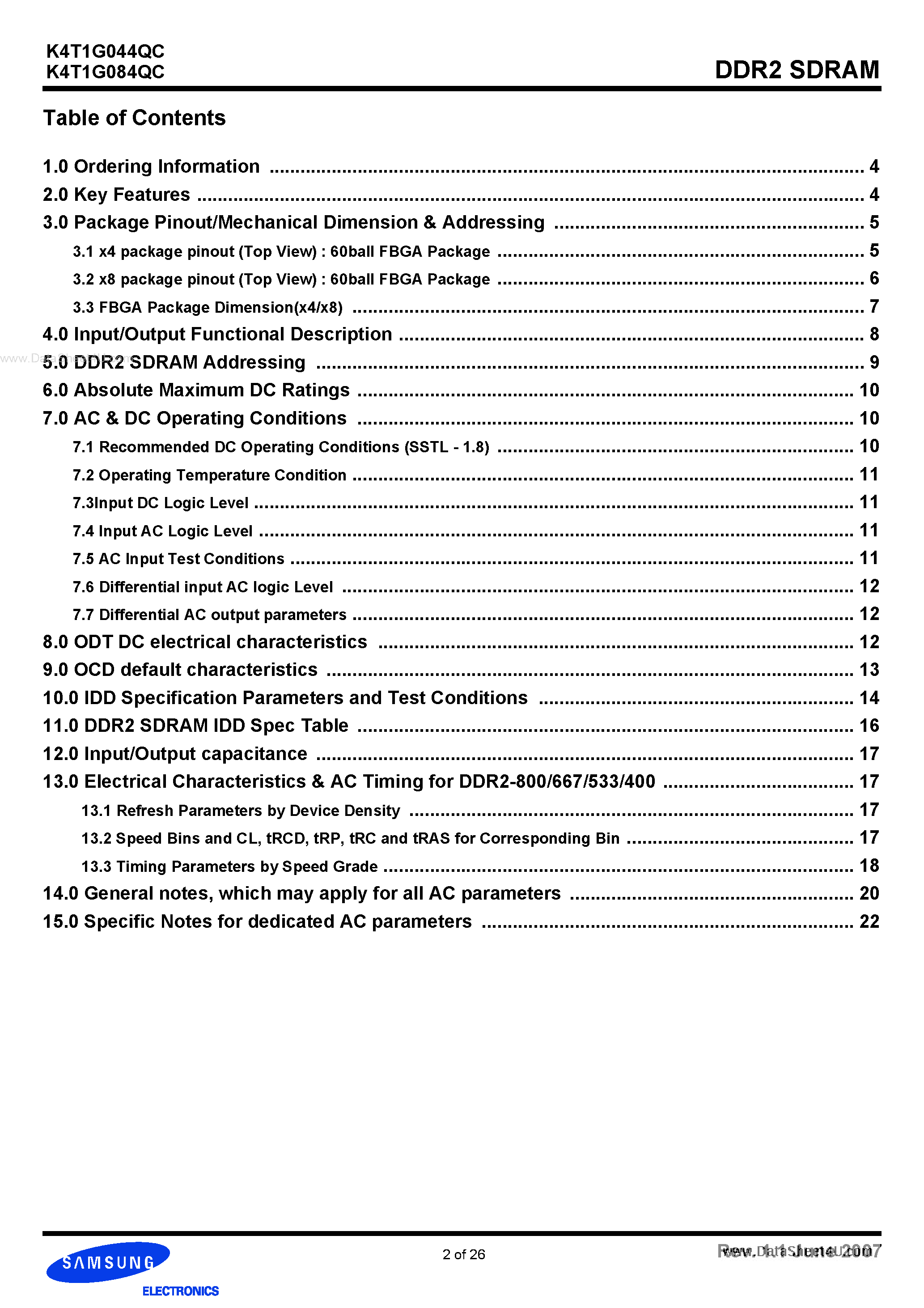 Datasheet K4T1G044QC page 2 Datasheet K4T1G044QC - (K4T1G044QC / K4T1G084QC) 1Gb C-die DDR2 SDRAM Specification page 2