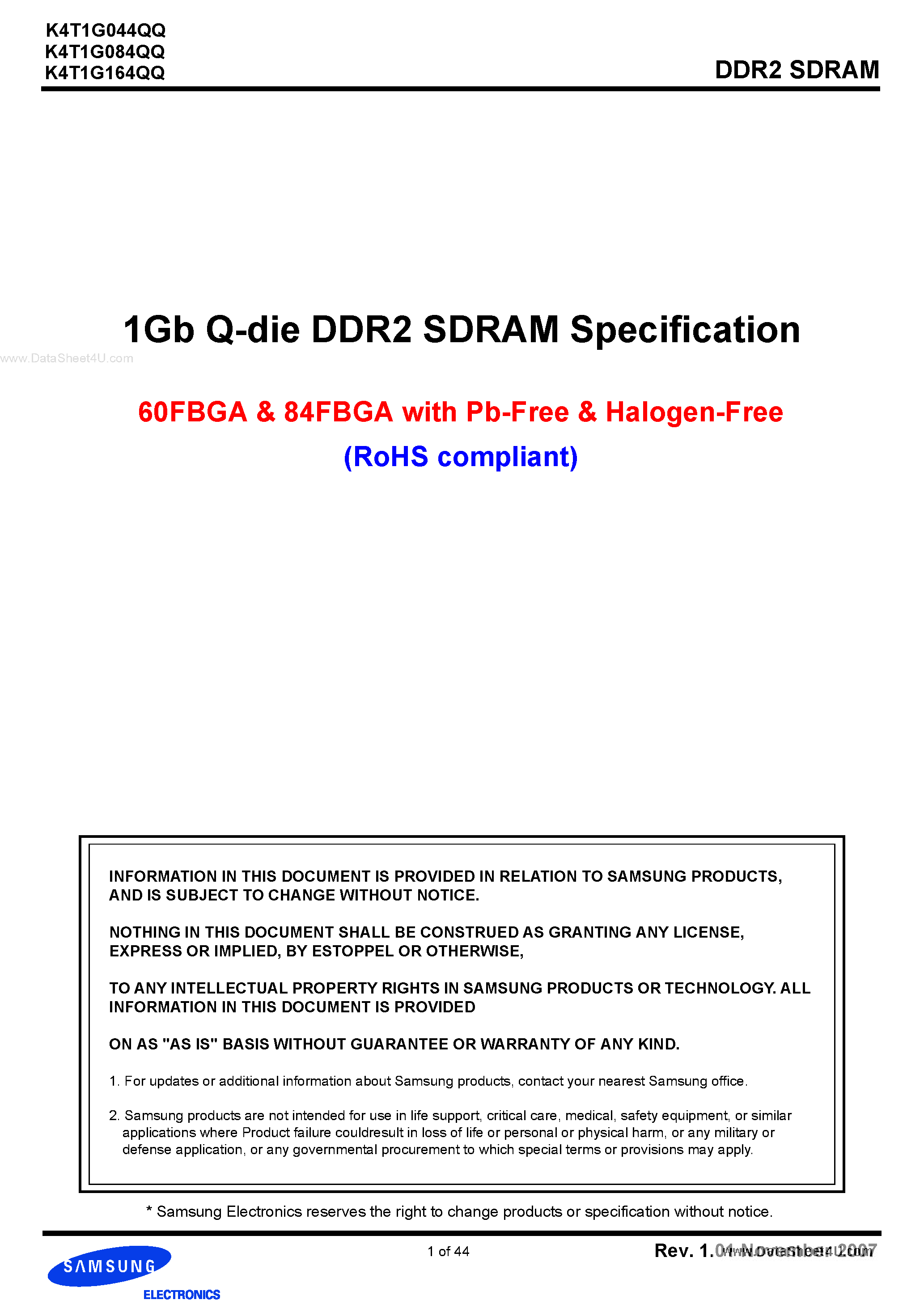 Datasheet K4T1G044QQ - (K4T1G044QQ - K4T1G164QQ) 1Gb A-die DDR2 SDRAM Specification page 1