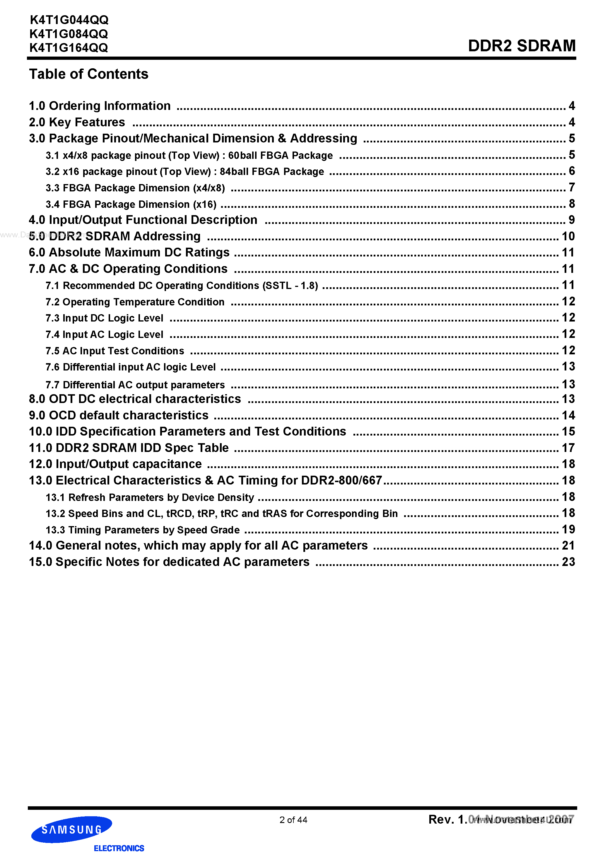 Datasheet K4T1G044QQ - (K4T1G044QQ - K4T1G164QQ) 1Gb A-die DDR2 SDRAM Specification page 2
