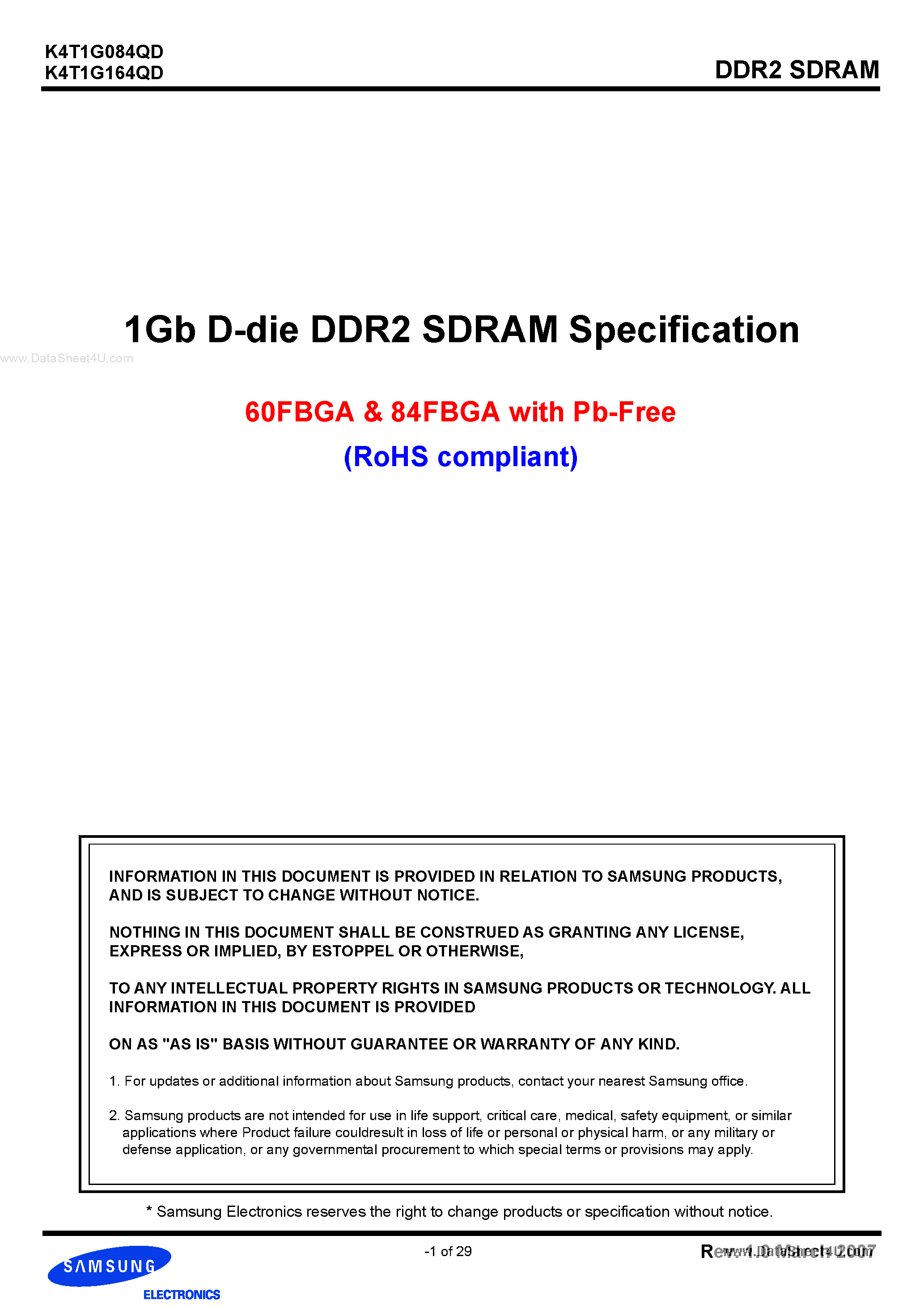 Datasheet K4T1G164QD page 1 Datasheet K4T1G164QD - (K4T1G084QD / K4T1G164QD) 1Gb A-die DDR2 SDRAM Specification page 1