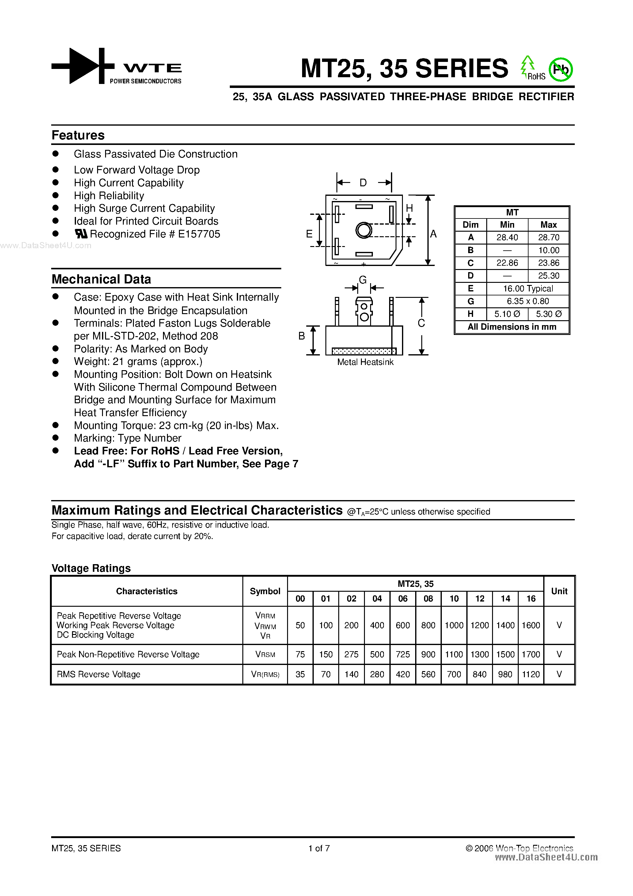 Даташит MT3512 - (MT35 Series) THREE-PHASE BRIDGE RECTIFIER страница 1