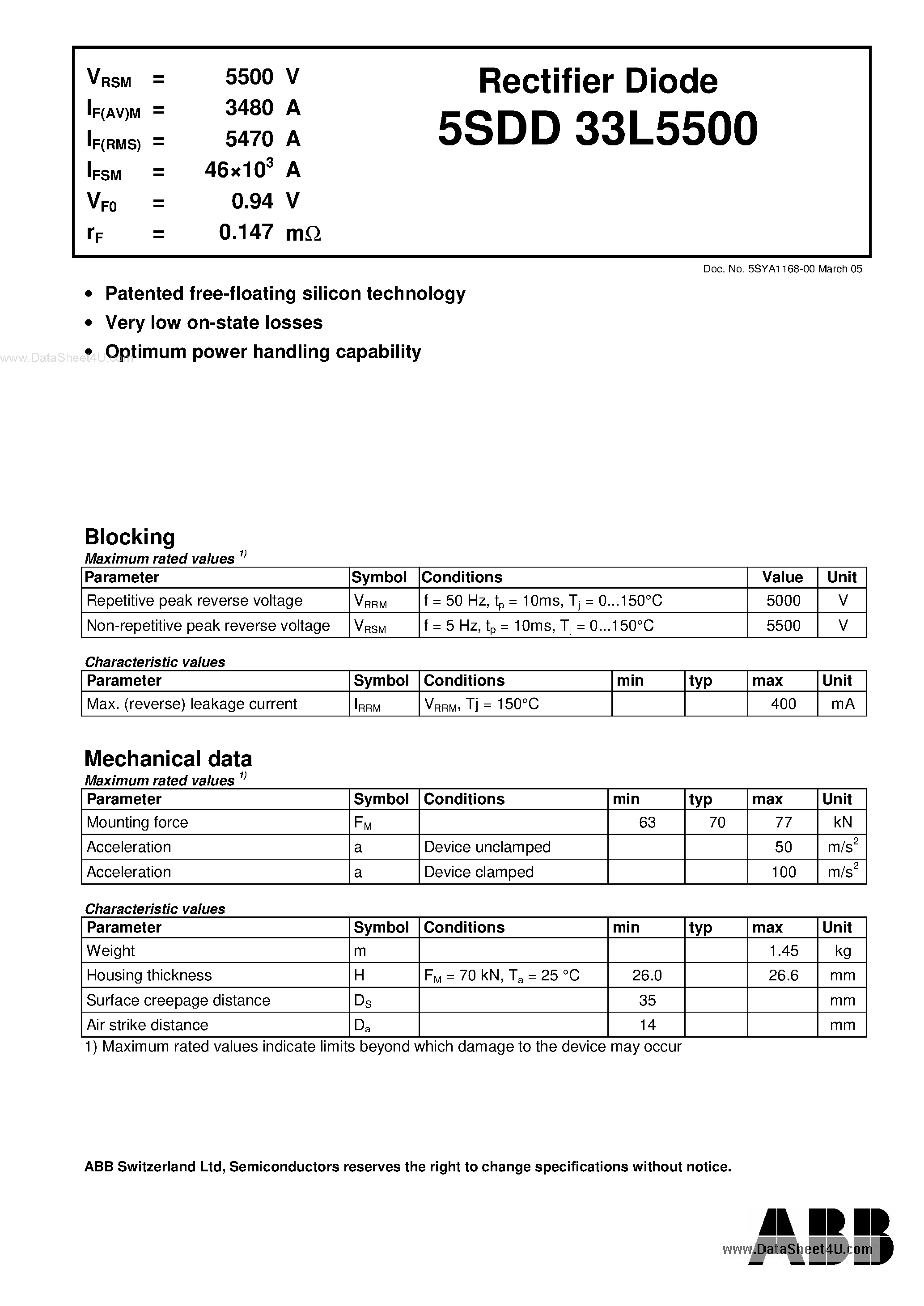 Datasheet 5SDD33L5500 page 1 Datasheet 5SDD33L5500 - Rectifier Diode page 1