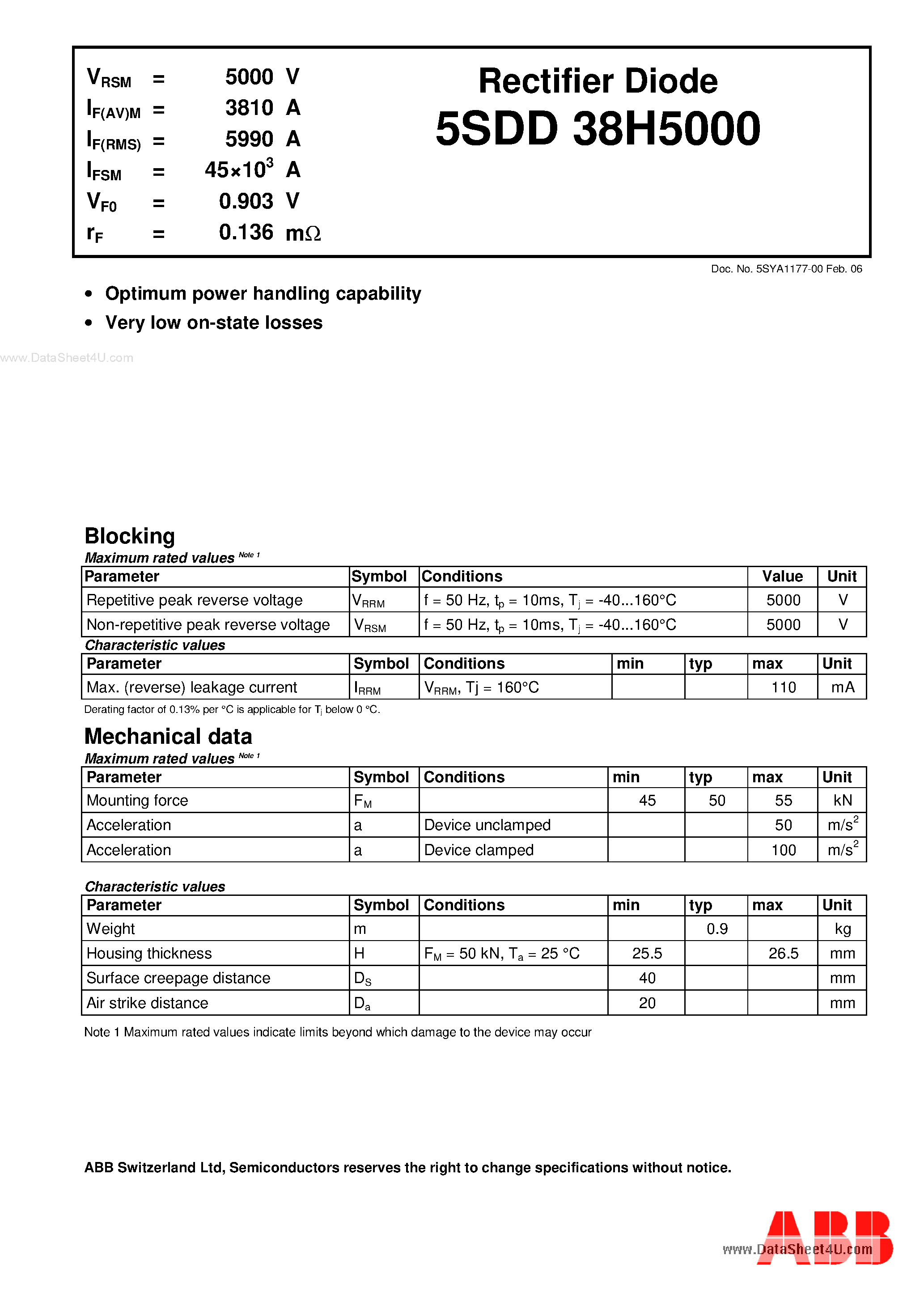 Datasheet 5SDD38H5000 - Rectifier Diode page 1