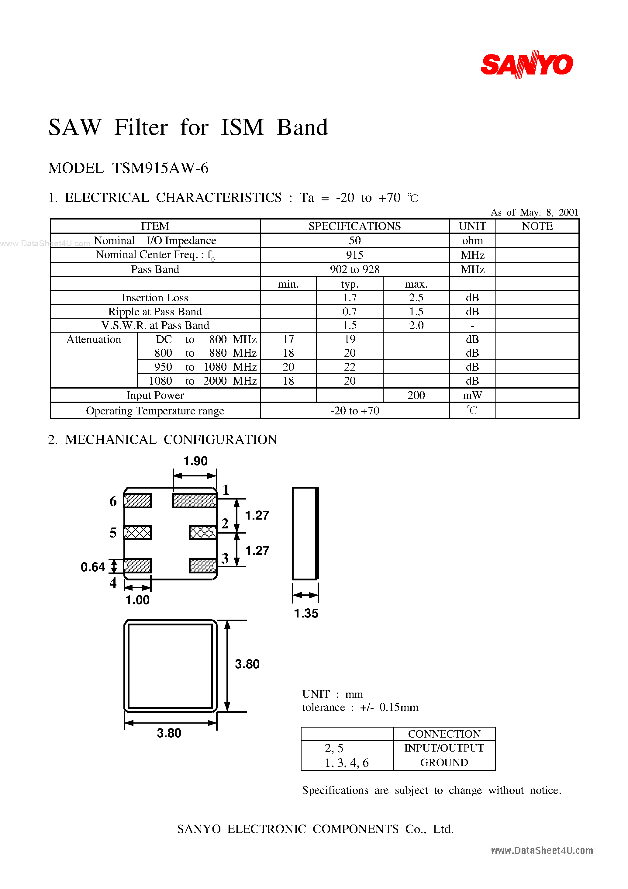 Datasheet TSM915AW-6 - SAW Filter page 1
