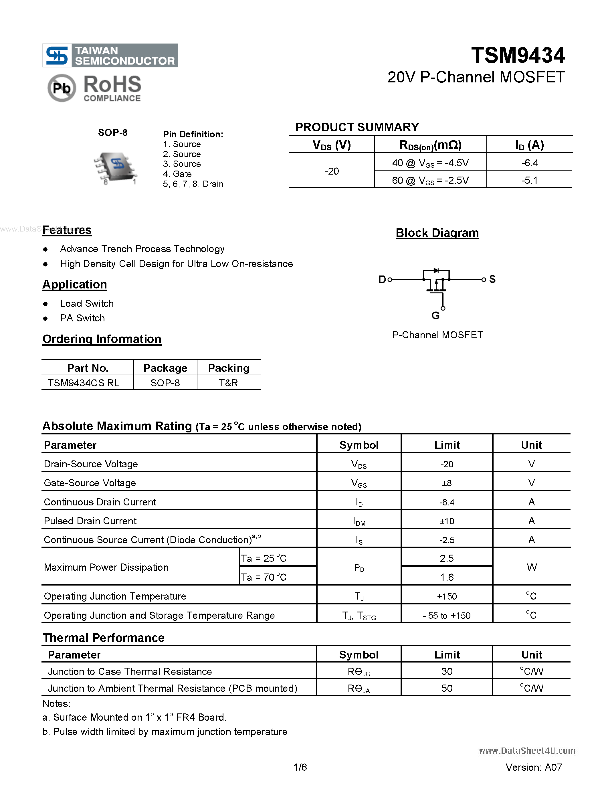 Datasheet TSM9434 - 20V P-Channel MOSFET page 1