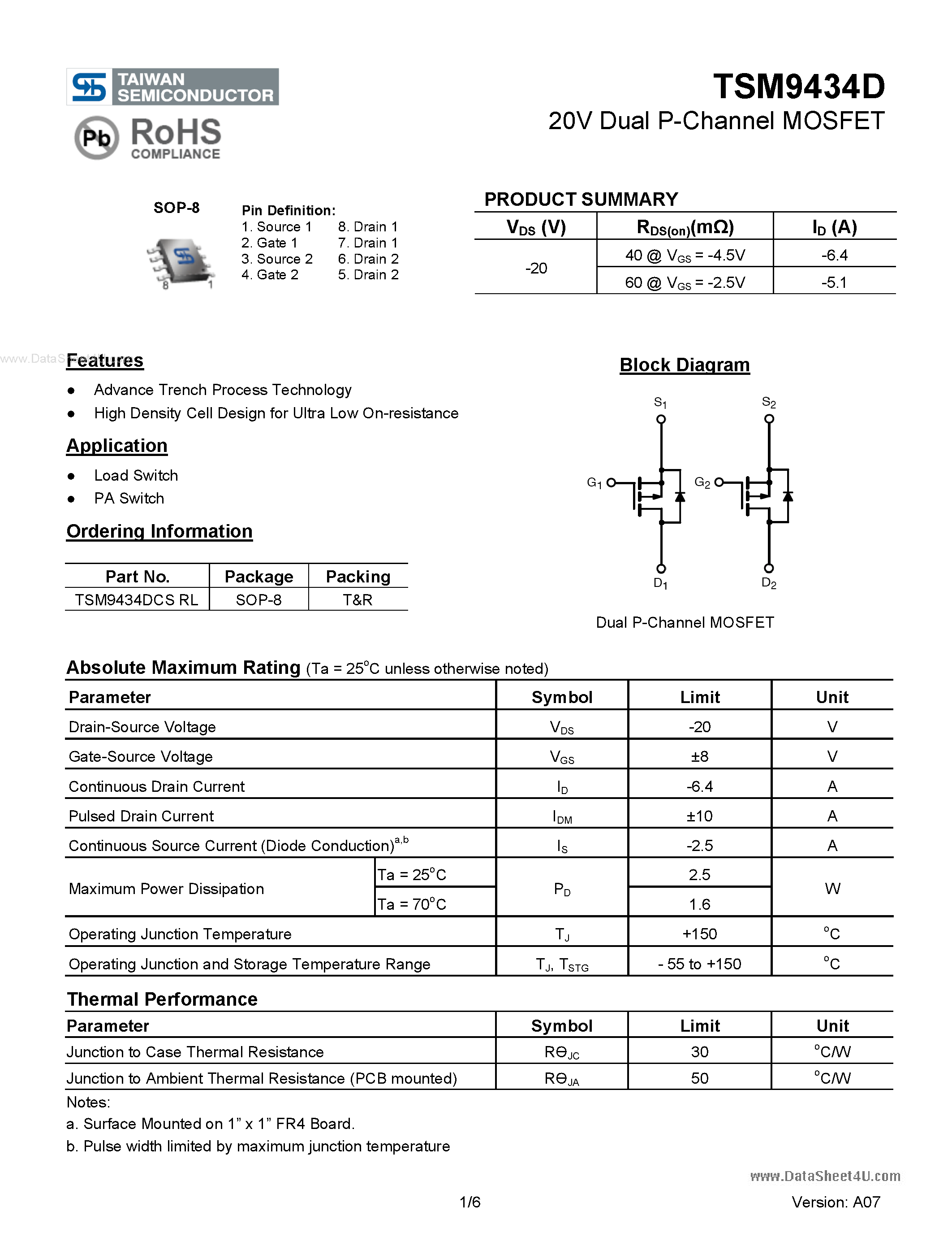 Datasheet TSM9434D - 20V Dual P-Channel MOSFET page 1