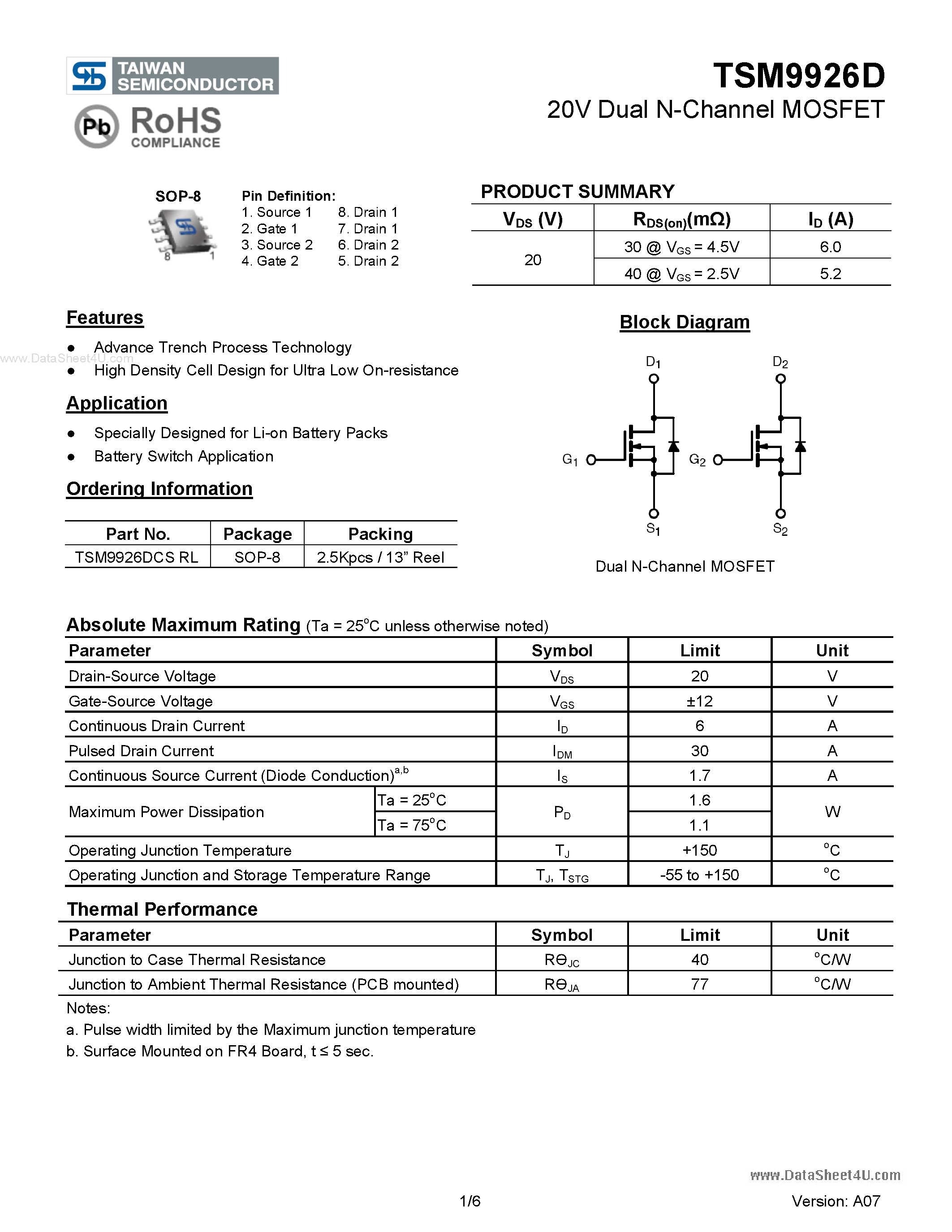 Datasheet TSM9926D - 20V Dual N-Channel MOSFET page 1