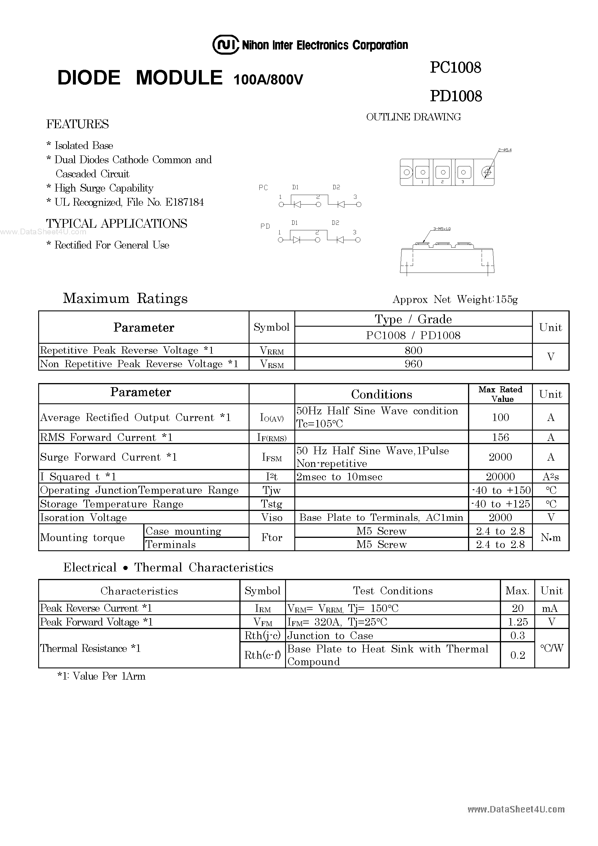 Datasheet PD1008 page 1 Datasheet PD1008 - DIODE MODULE page 1