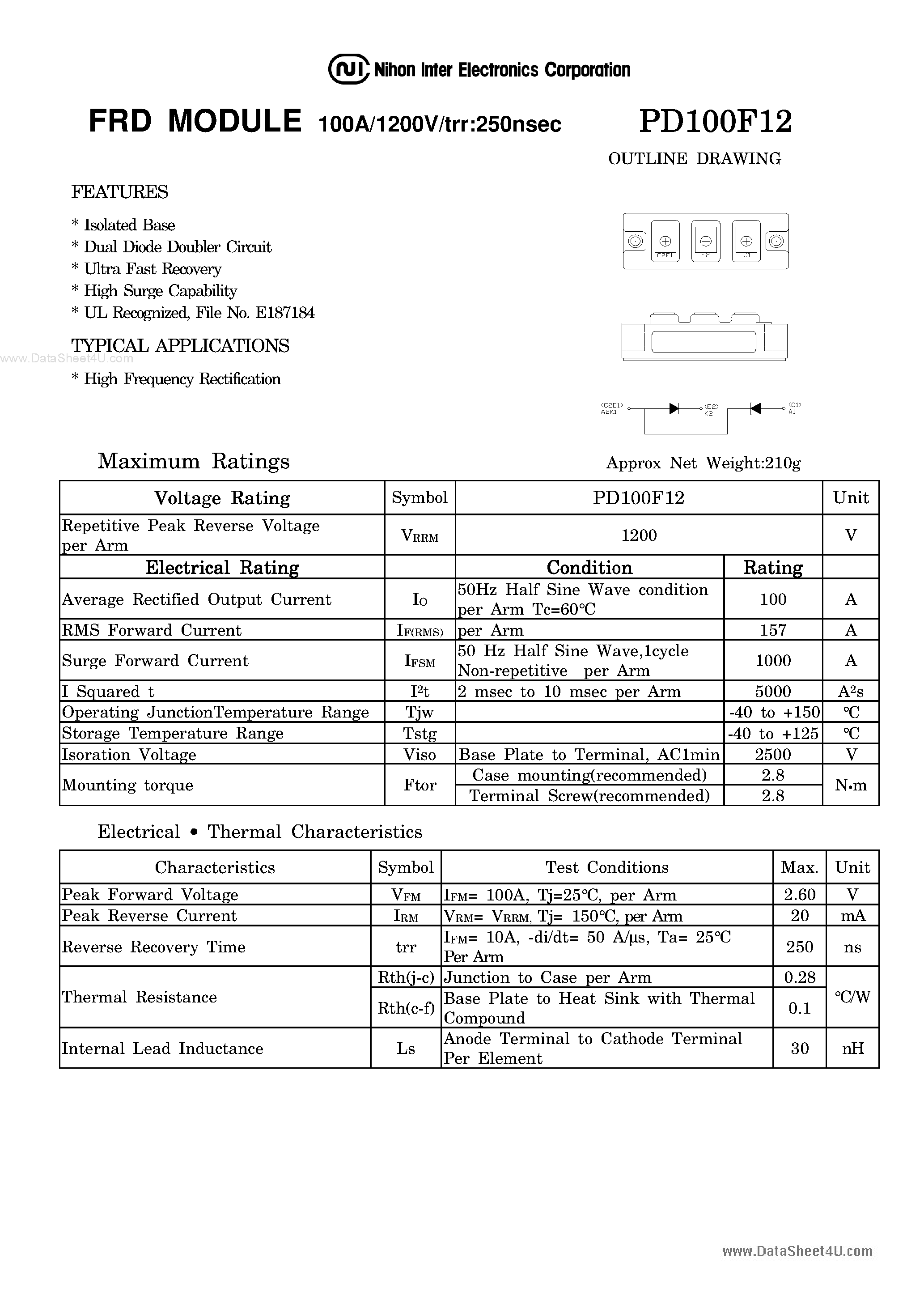 Datasheet PD100F12 page 1 Datasheet PD100F12 - DIODE MODULE page 1