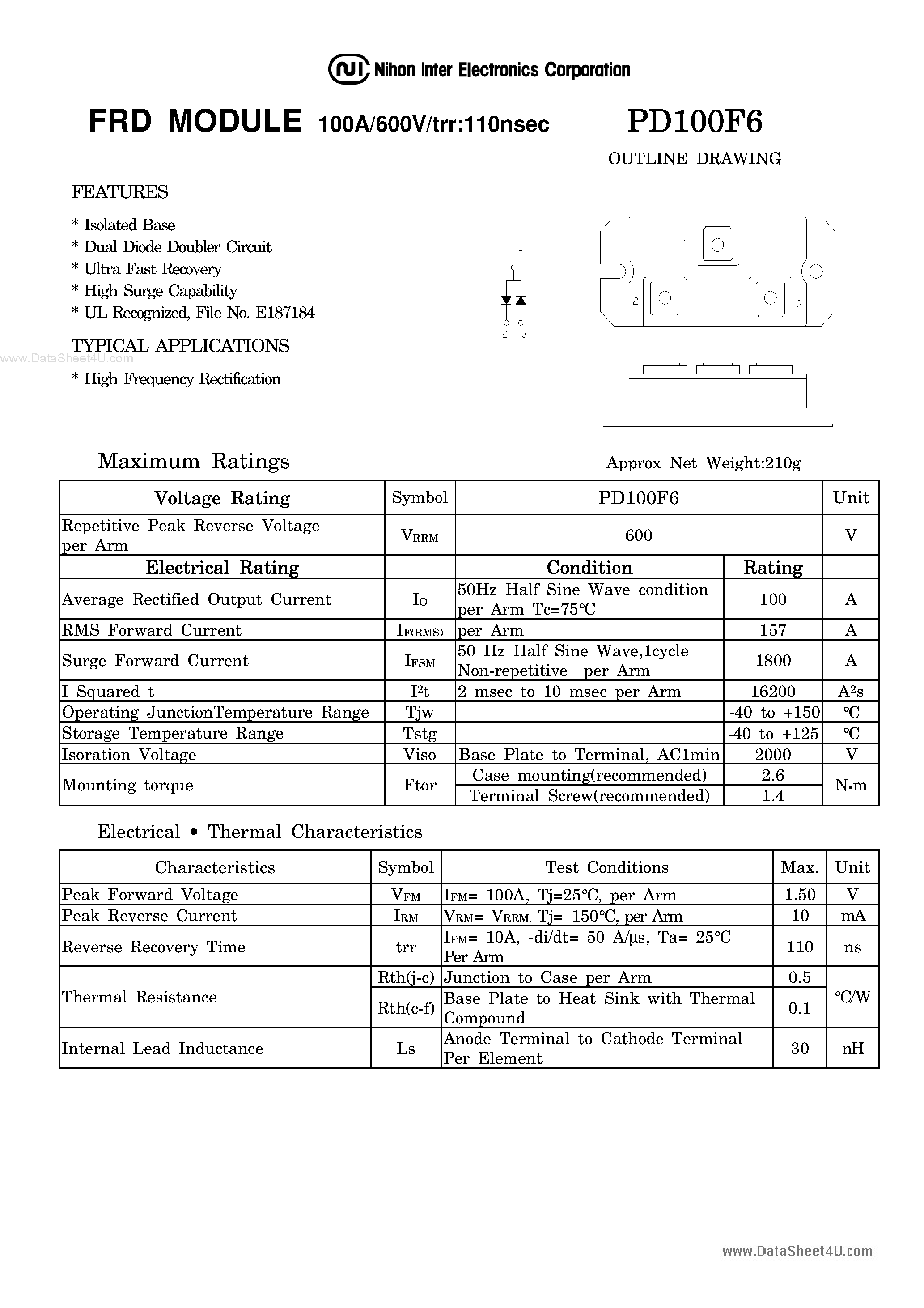 Datasheet PD100F6 page 1 Datasheet PD100F6 - FRD MODULE page 1