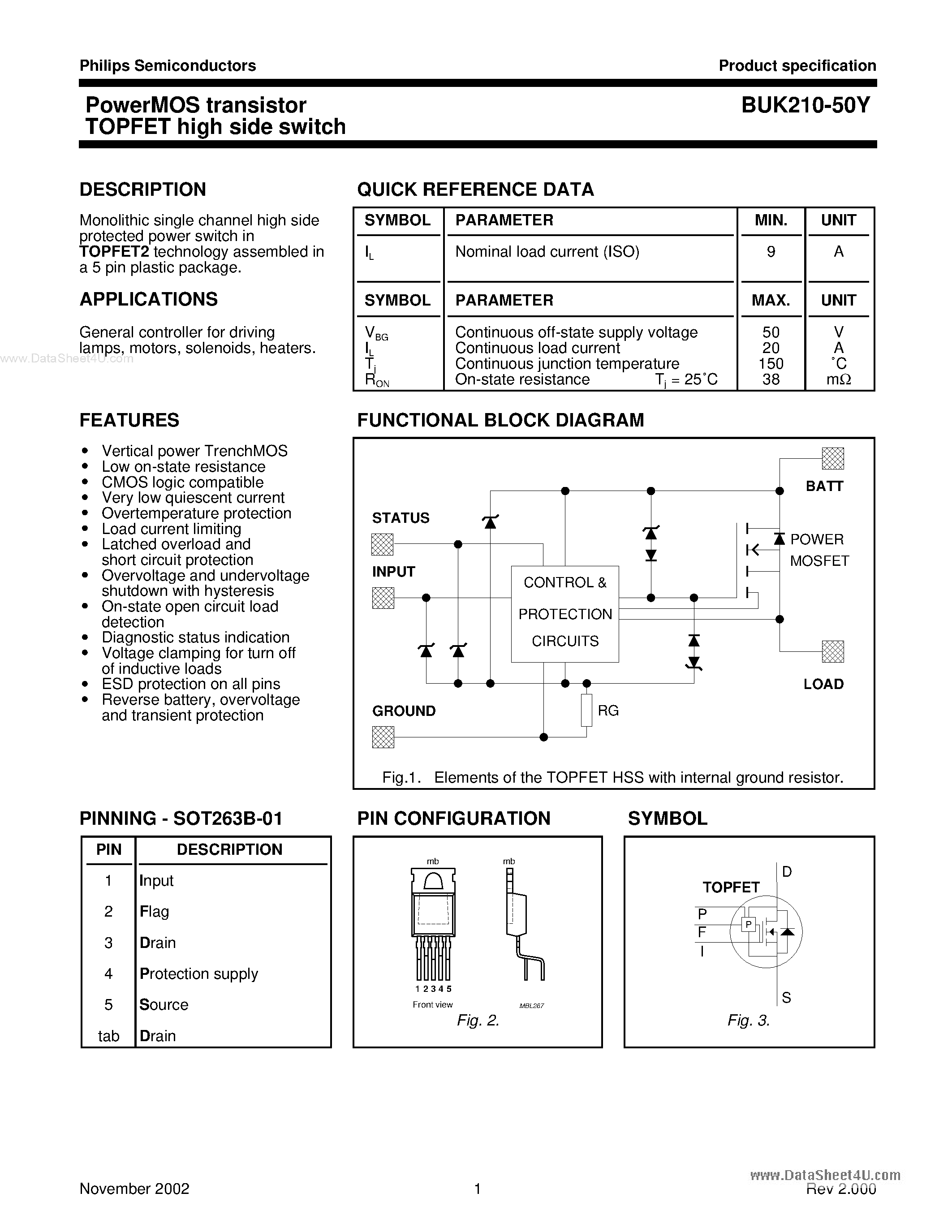 Даташит на микросхему BUK210-50Y страница 1 Даташит BUK210-50Y - PowerMOS transistor TOPFET high side switch страница 1